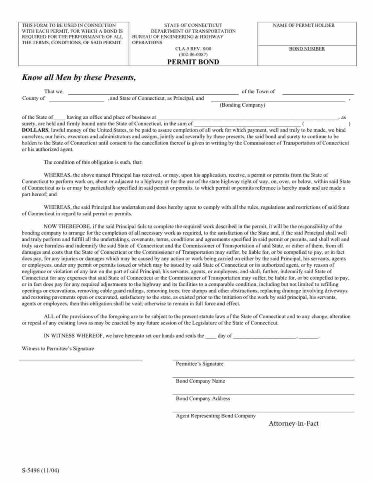 Connecticut Highway Permit Bond Form
