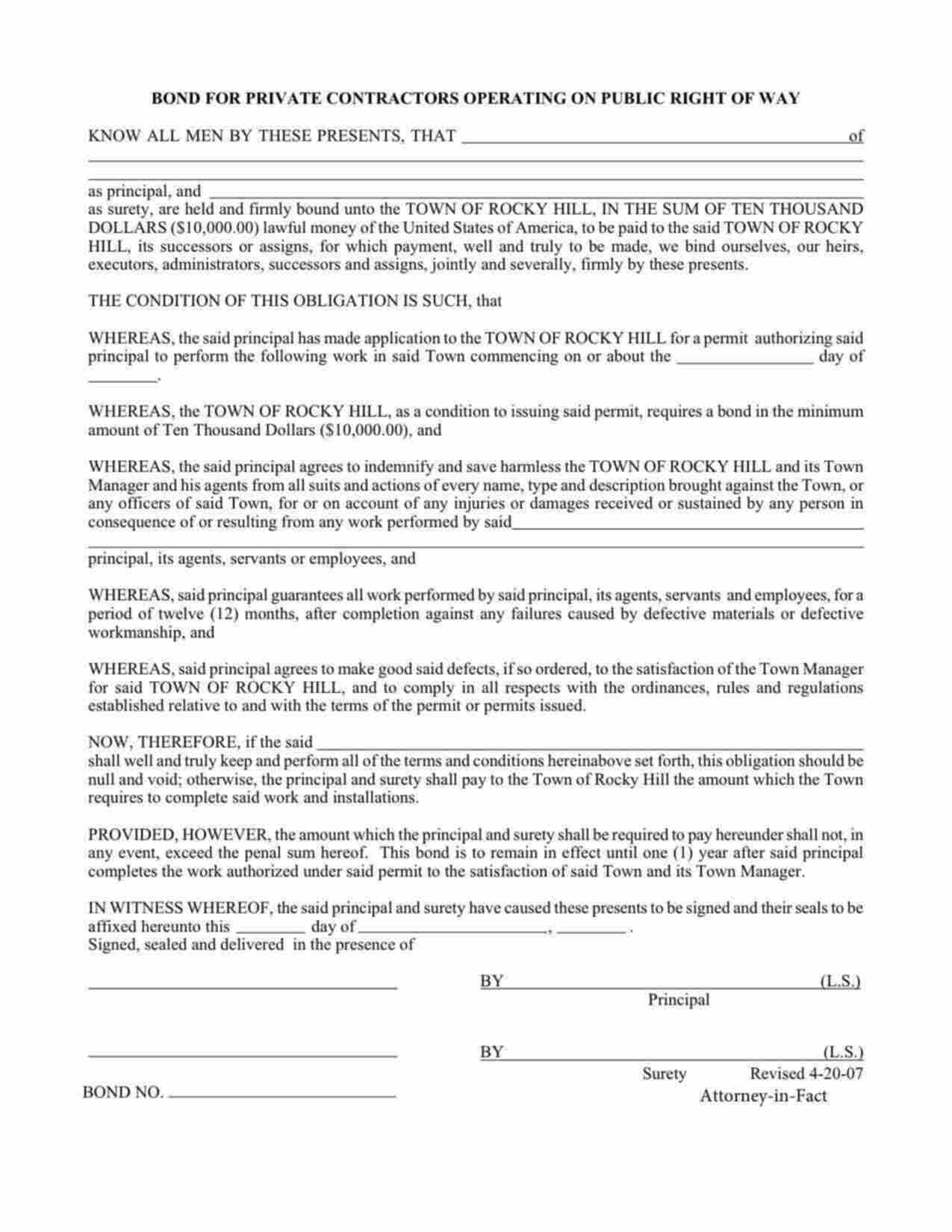 Connecticut Public Right of Way Permit Bond Form