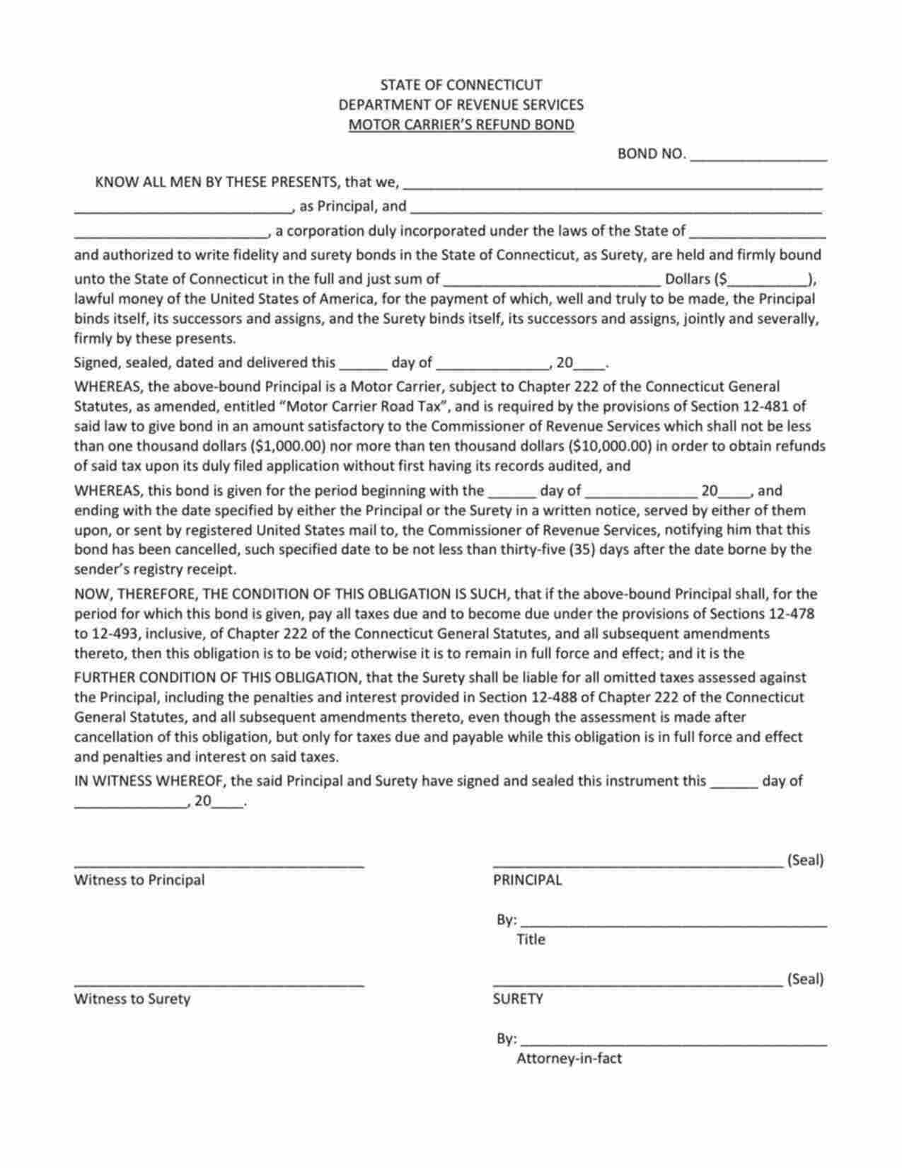 Connecticut Motor Carrier Refund Bond Form