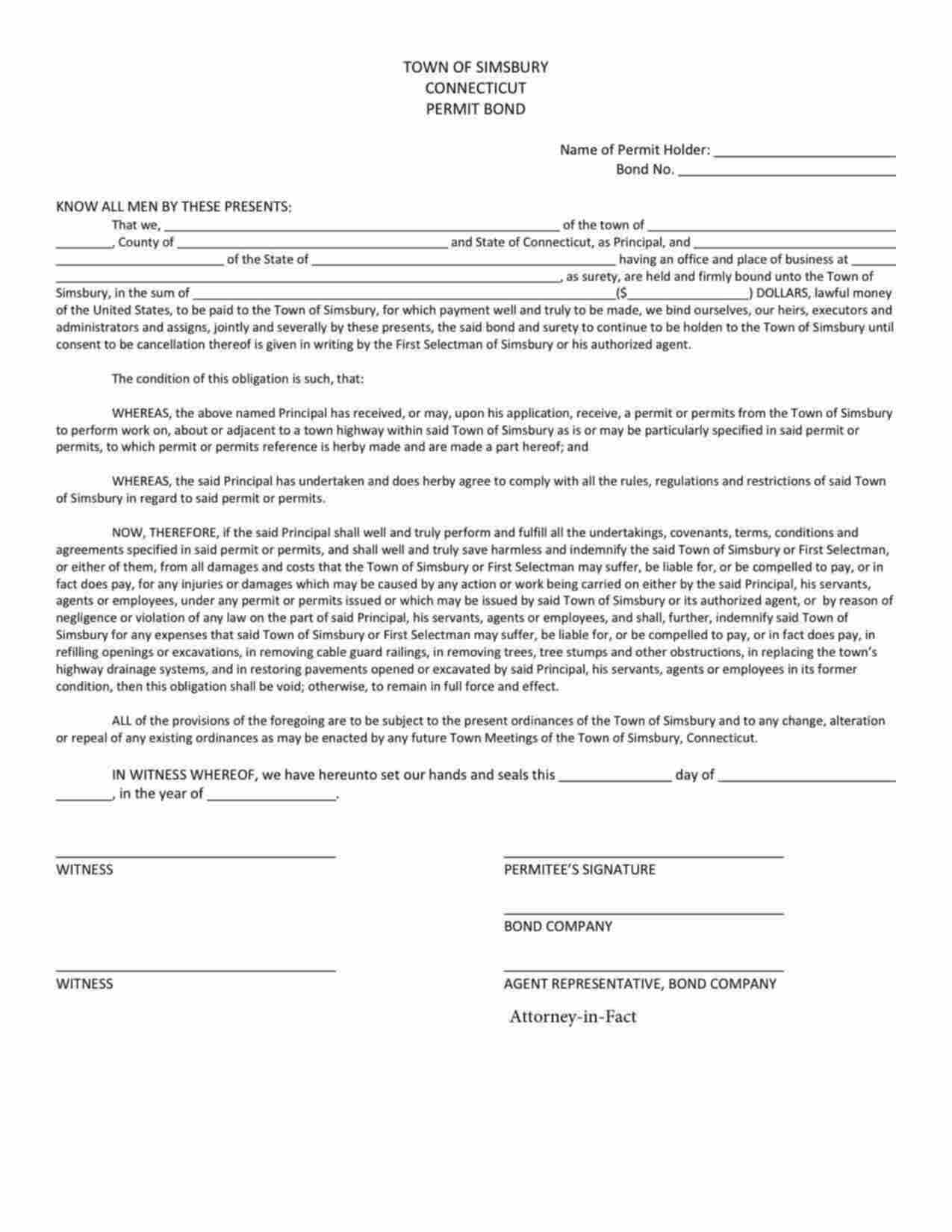 Connecticut Highway Permit Bond Form