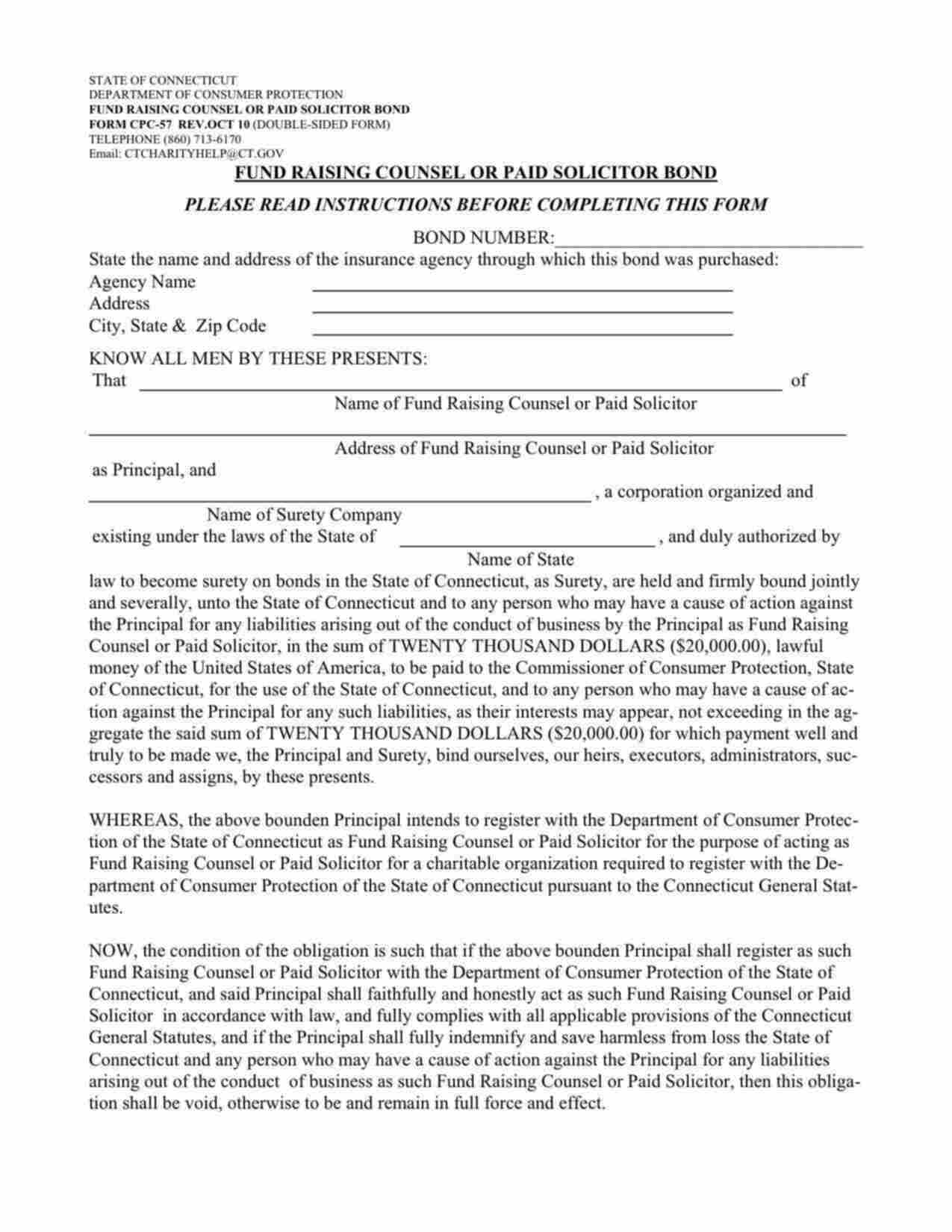 Connecticut Fund Raising Counsel or Paid Solicitor Bond Form