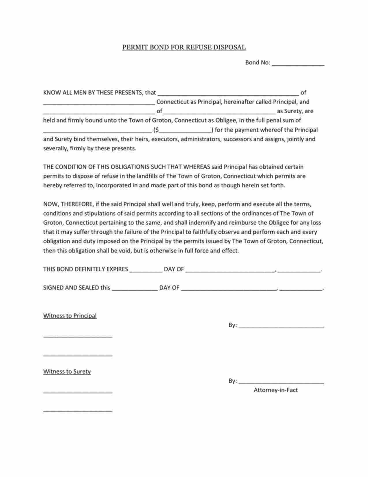 Connecticut Refuse Disposal Bond Form