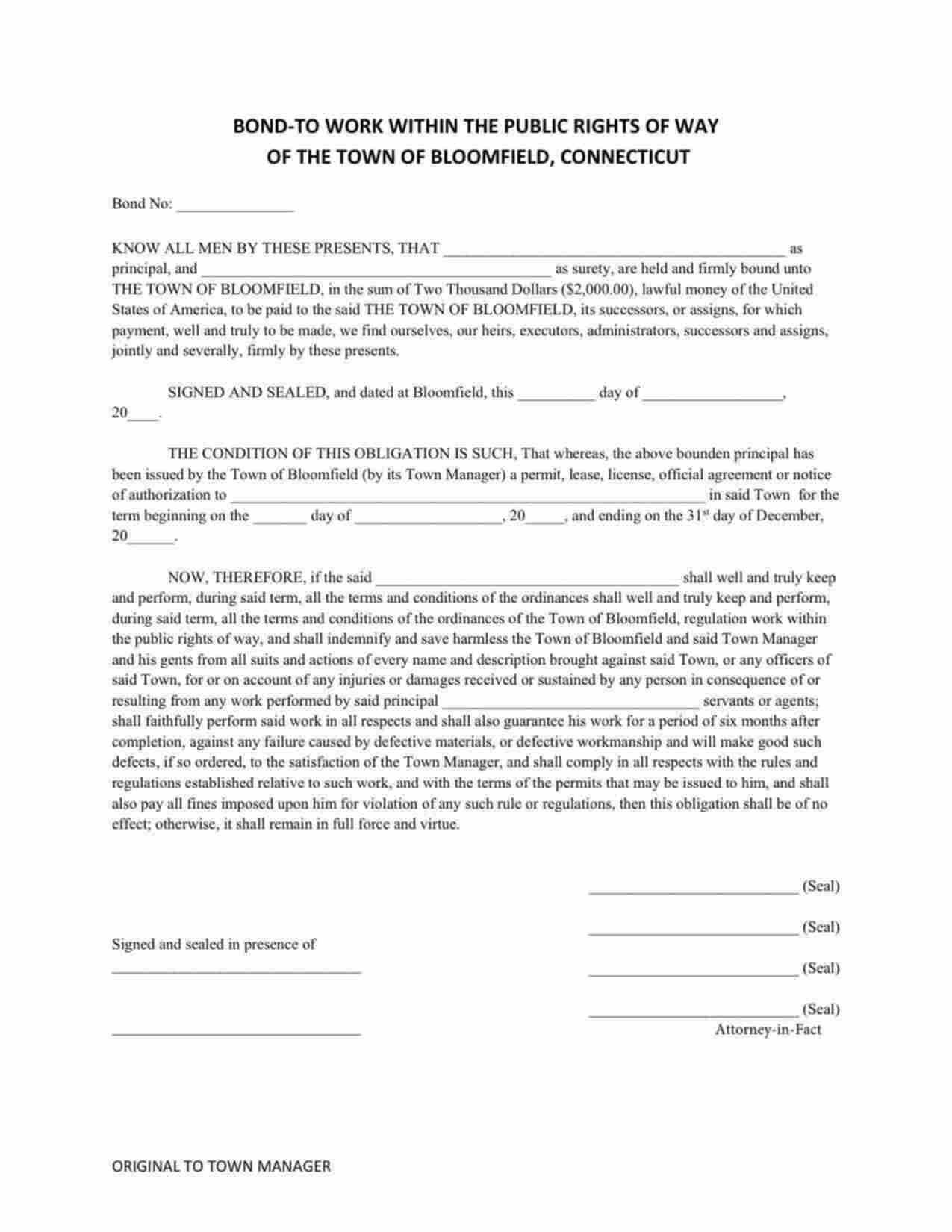 Connecticut Work in Public Right of Way Bond Form