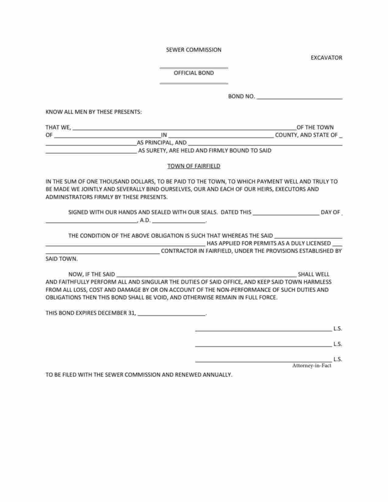 Connecticut Excavator Bond Form