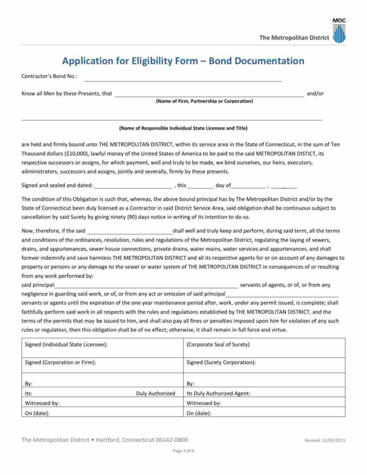 Connecticut Contractor Bond Form