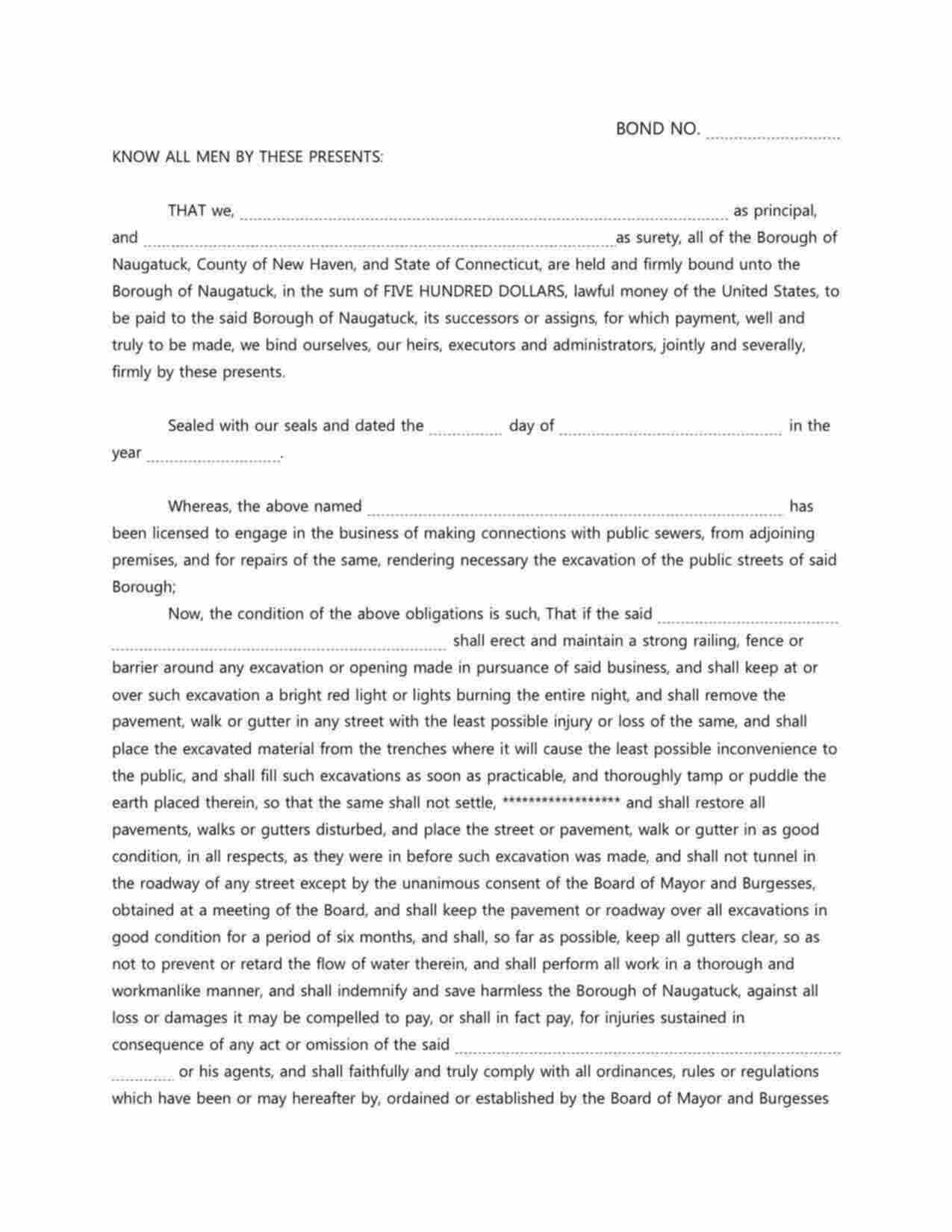 Connecticut Excavation Permit Bond Form