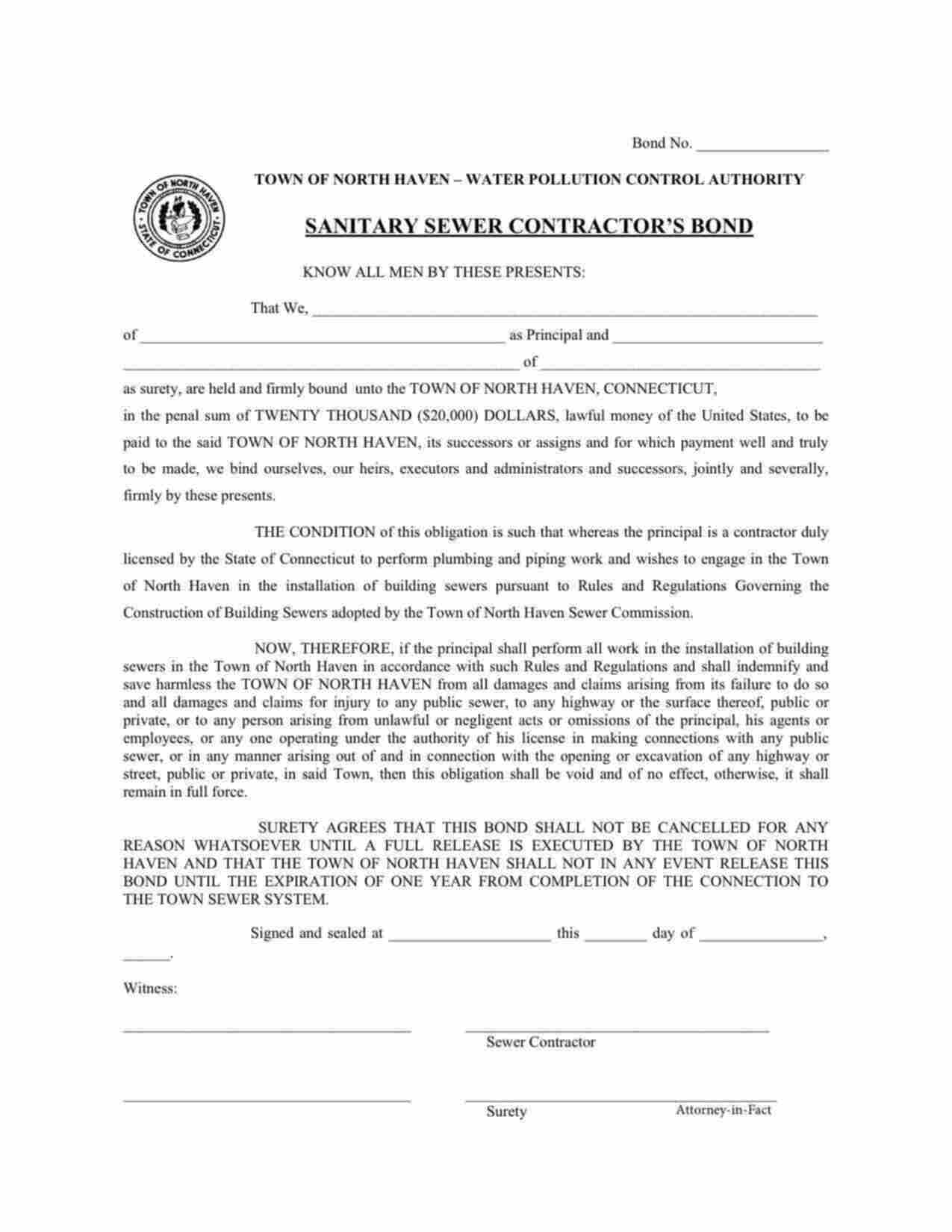 Connecticut Sanitary Sewer Contractor Bond Form