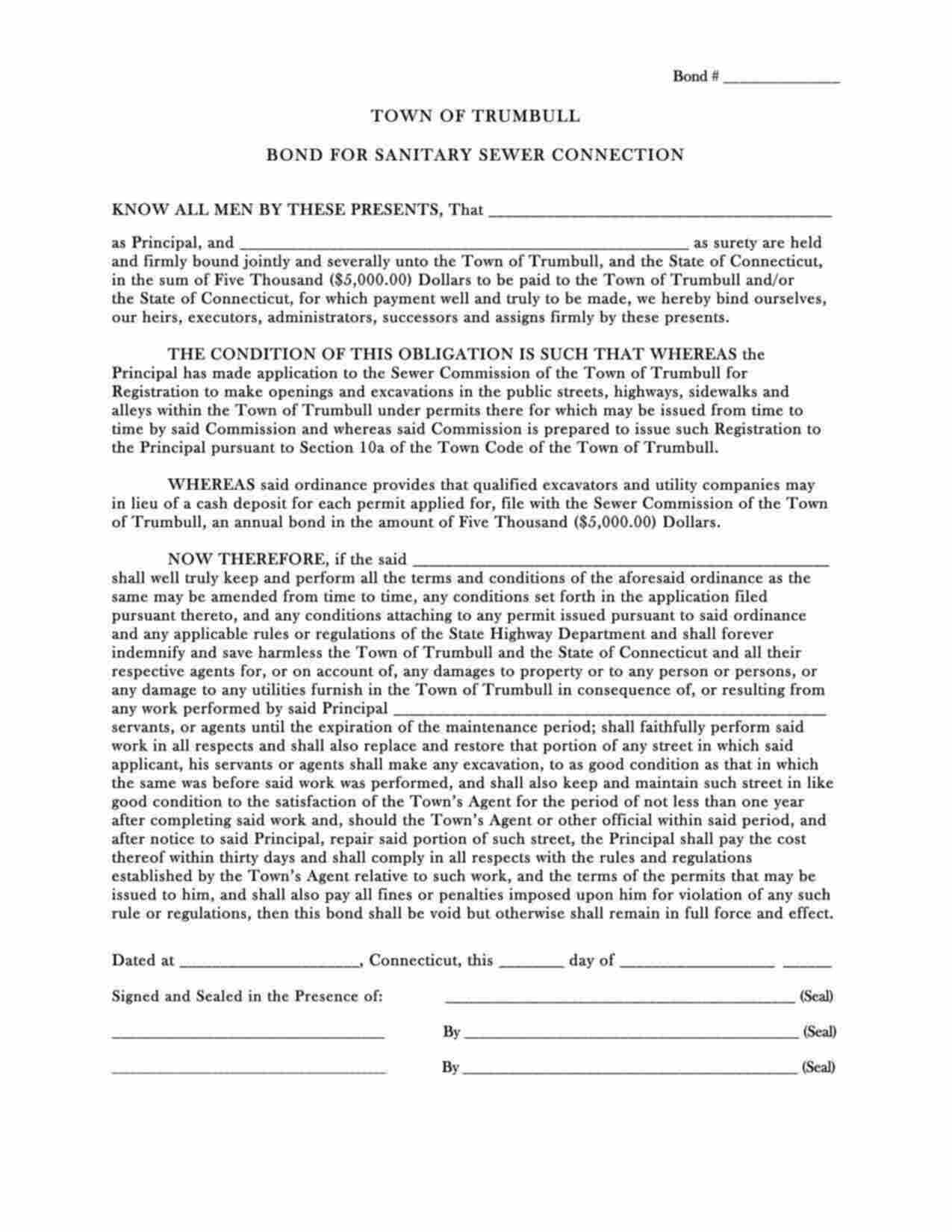 Connecticut Sanitary Sewer Connection Bond Form