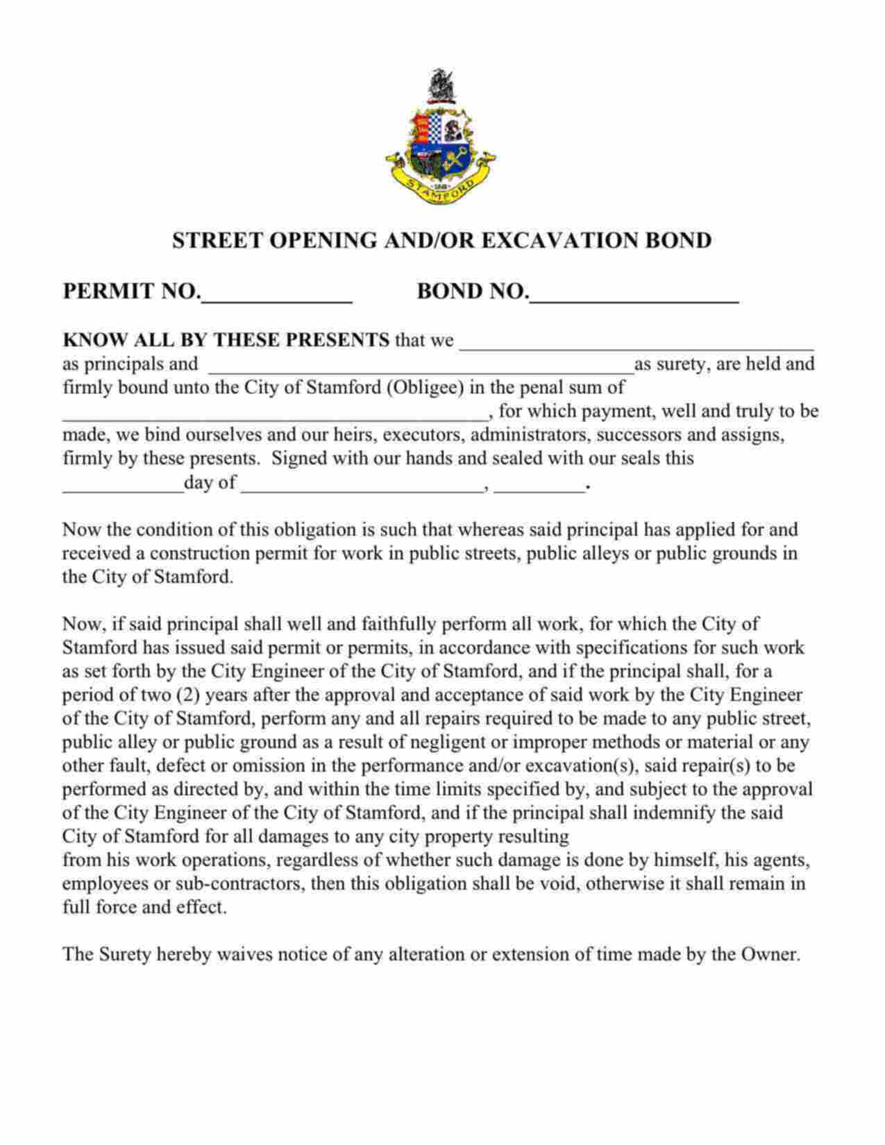 Connecticut Street Opening and/or Excavation Bond Form