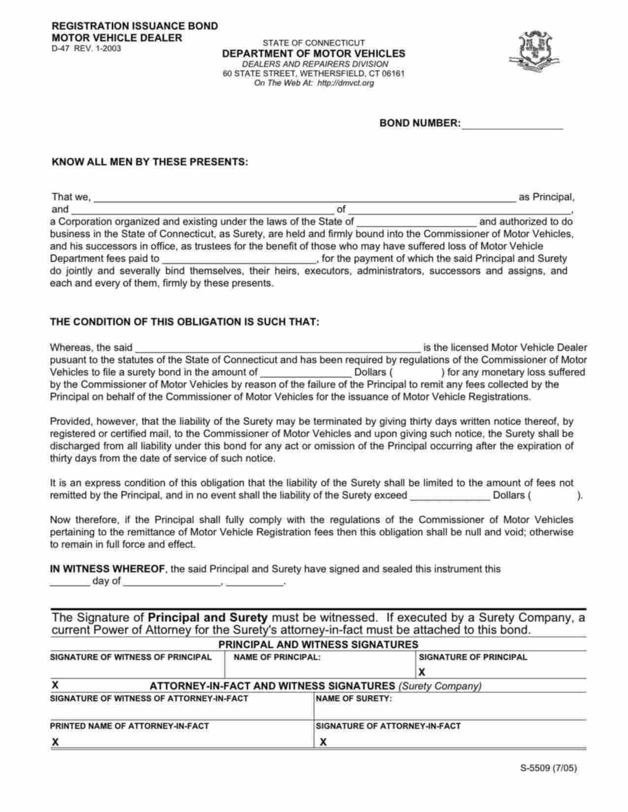 Connecticut Motor Vehicle Registration Issuance Bond Form