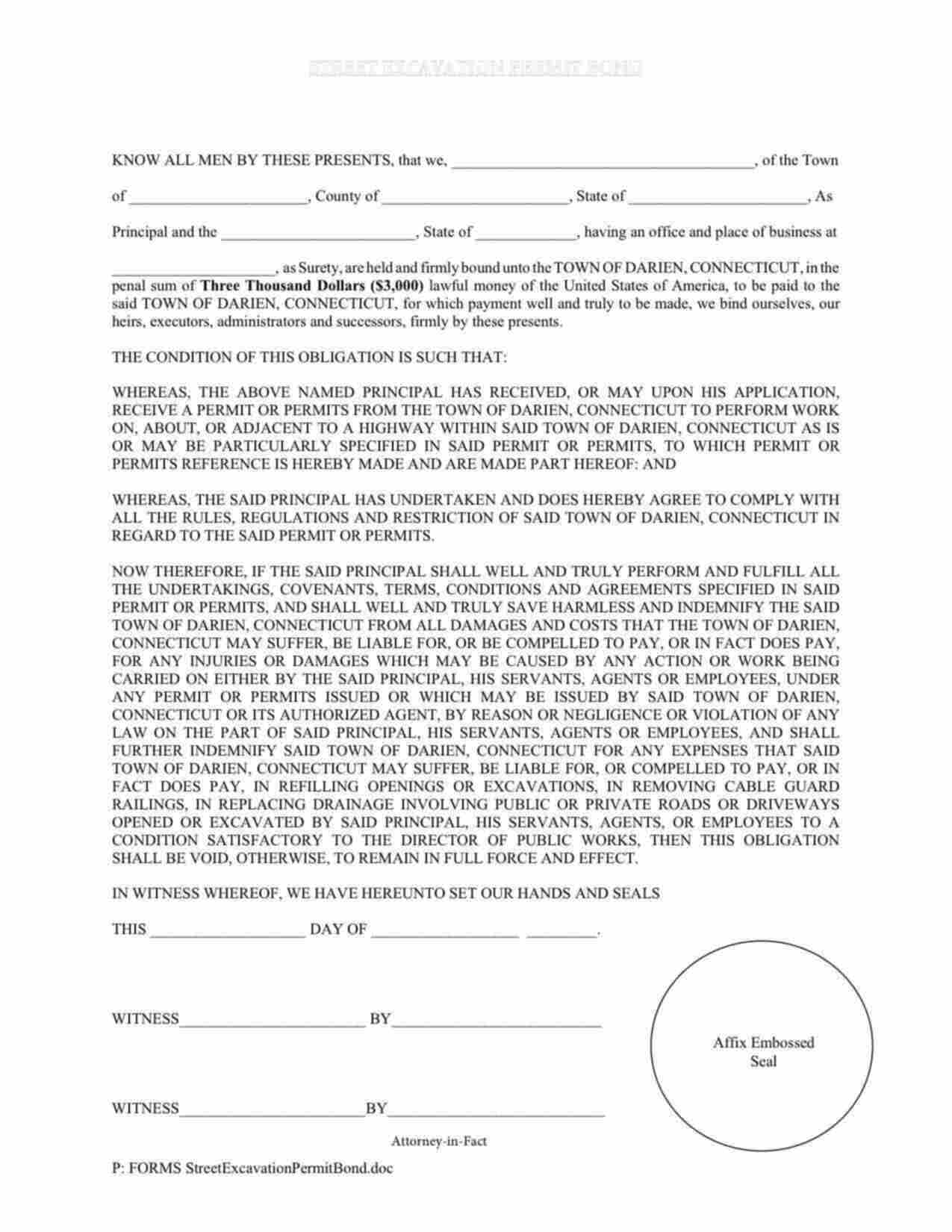 Connecticut Street Excavation Permit Bond Form