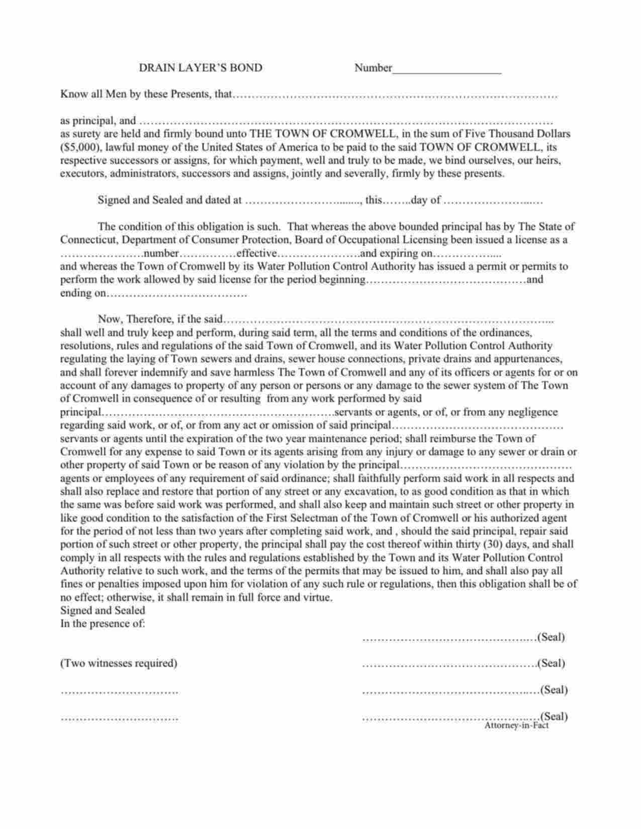 Connecticut Drain Layer Bond Form