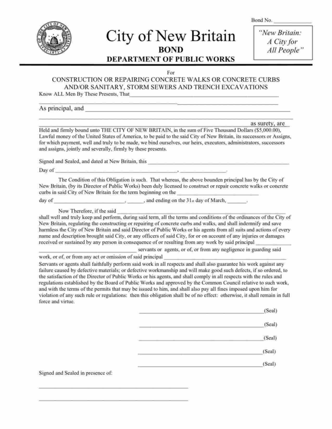 Connecticut Curb & Walk and/or Excavation Bond Form