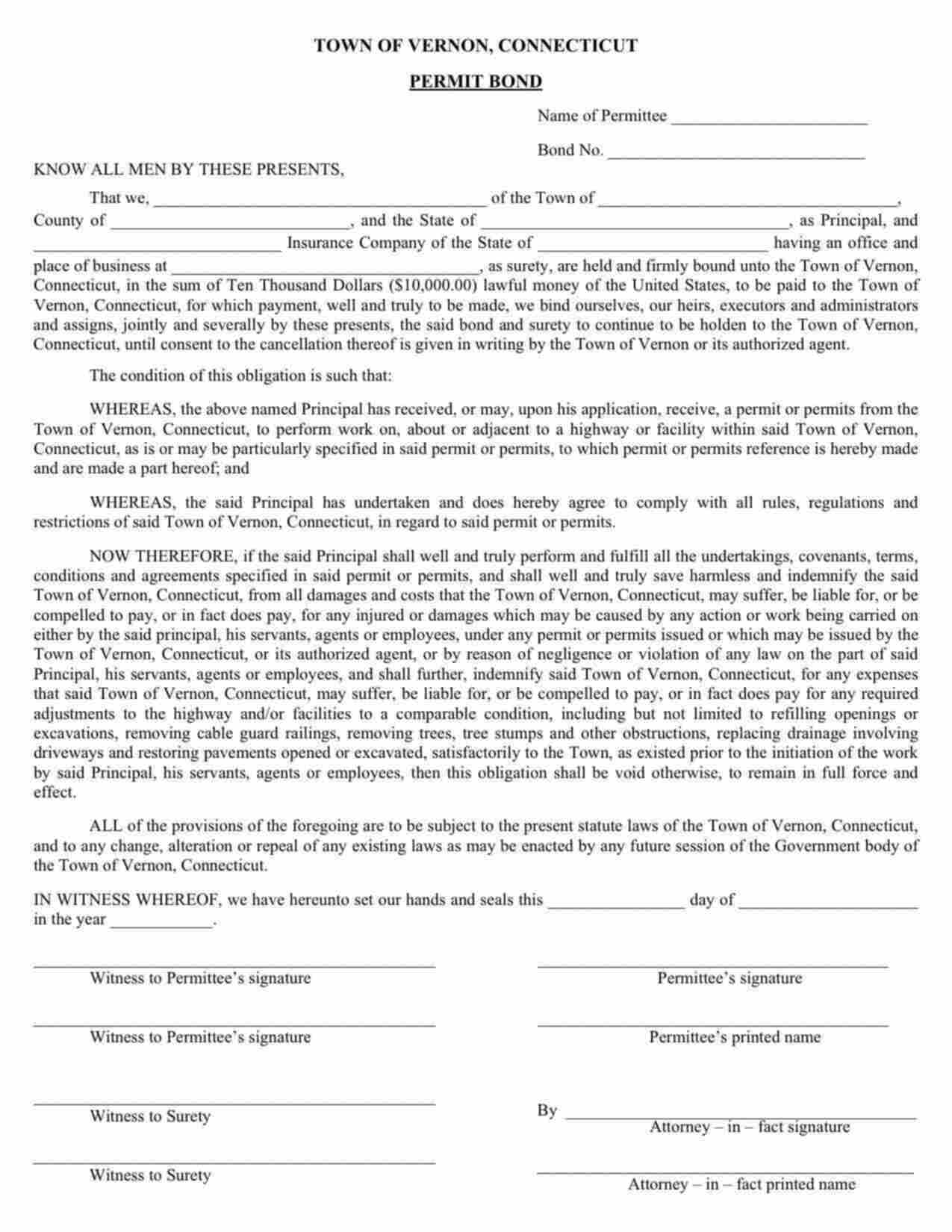 Connecticut Highway Permit Bond Form