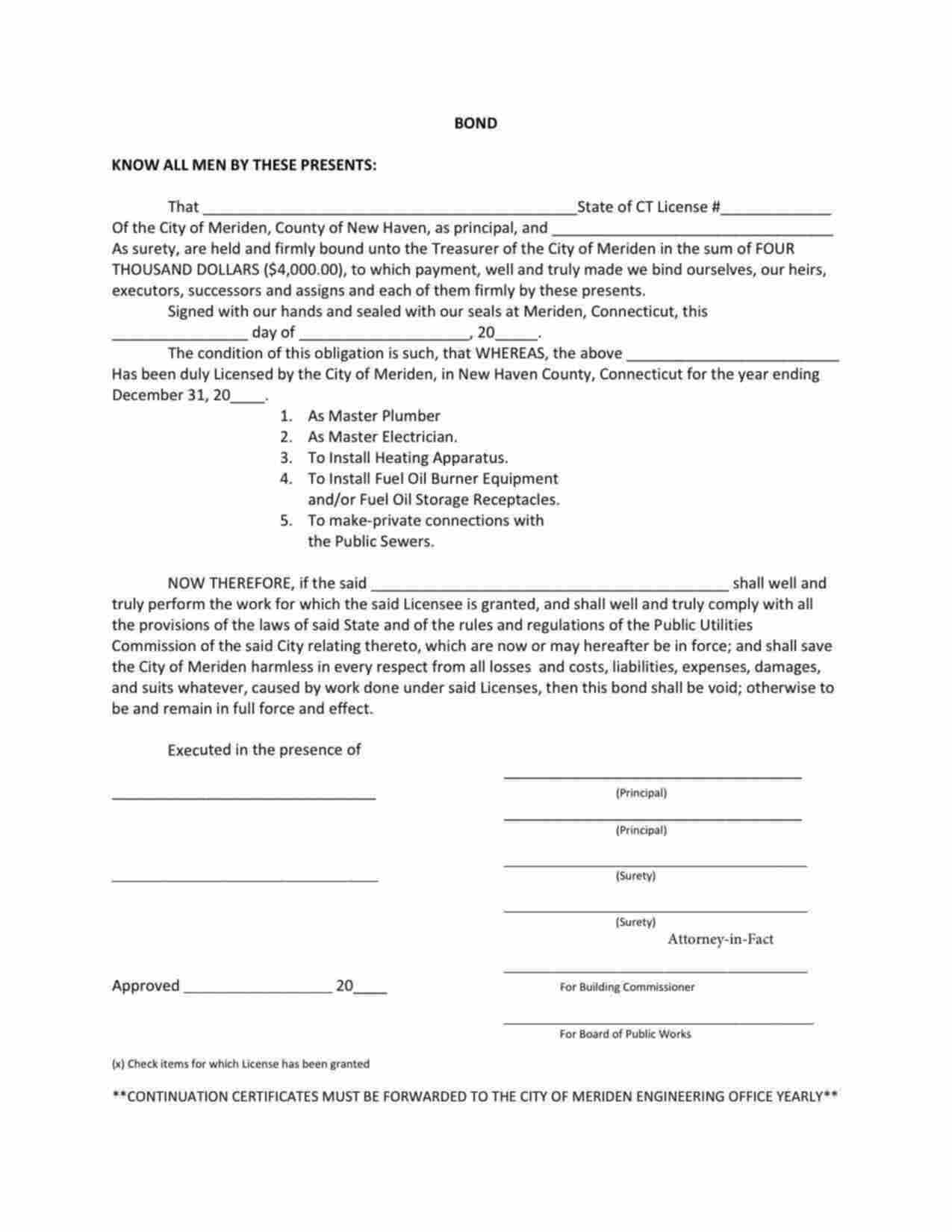 Connecticut Contractor's License/Permit Bond Form