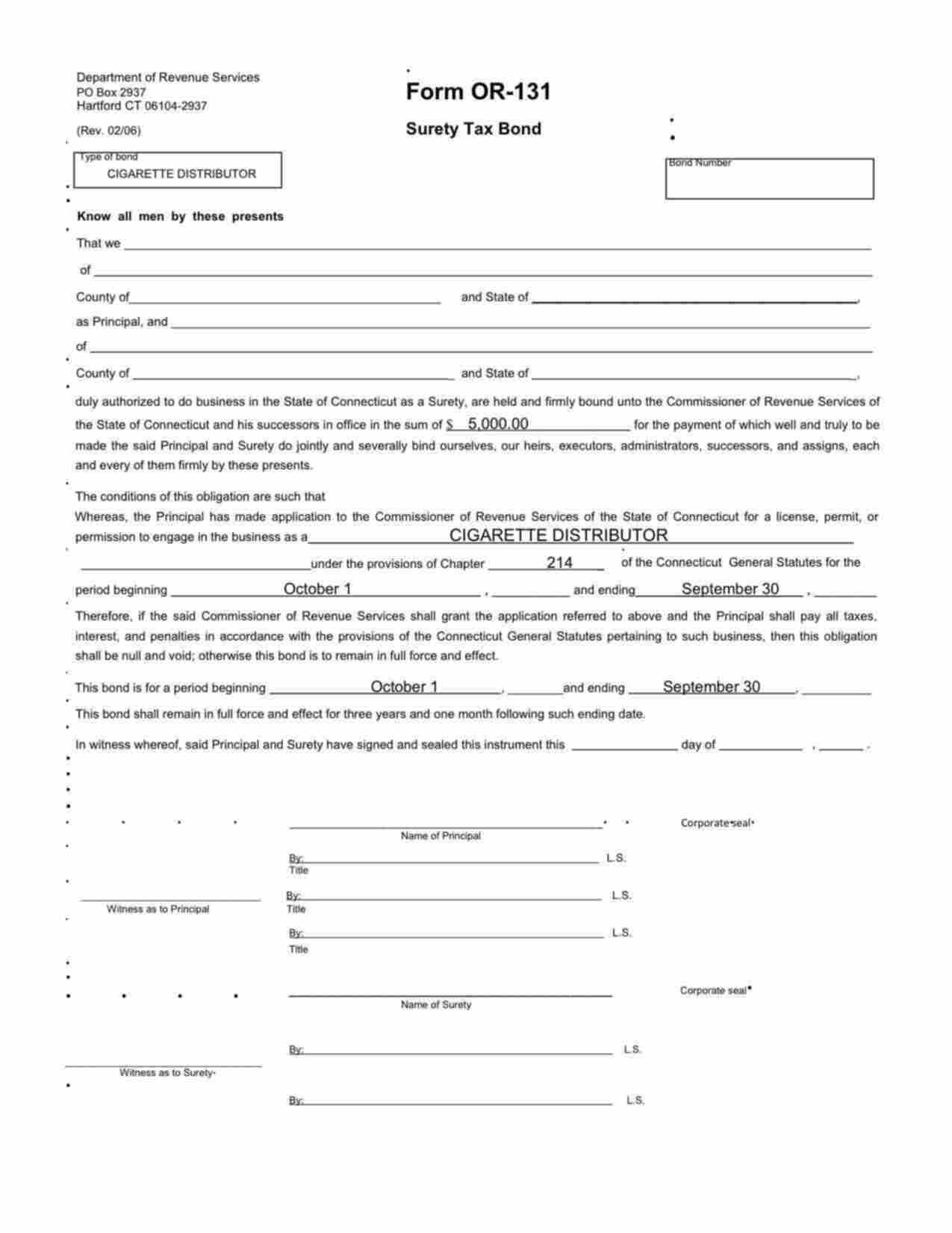 Connecticut Cigarette Distributor (OR-131) Bond Form