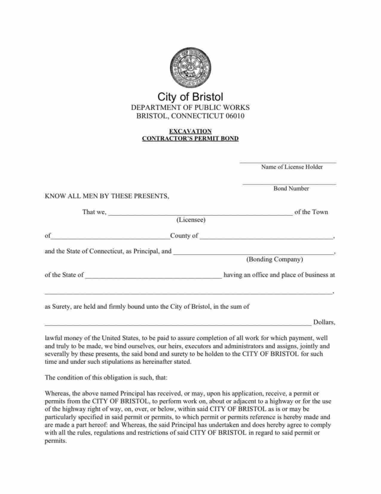 Connecticut Excavation Contractor's Permit Bond Form