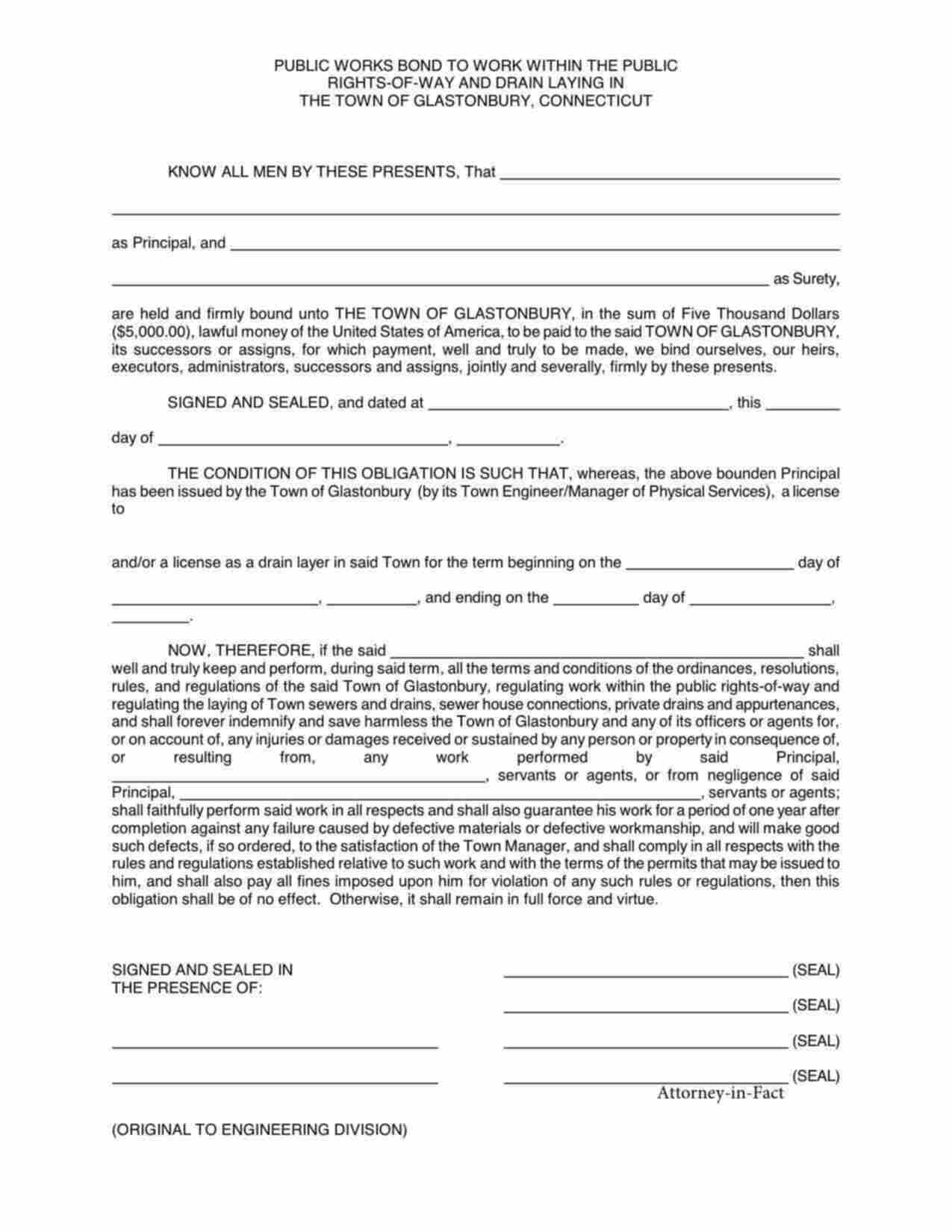 Connecticut Right of Way and Drain Laying Bond Form