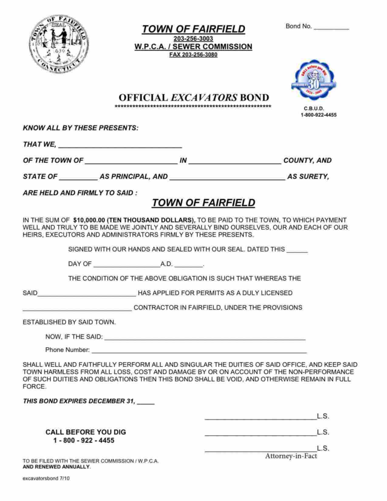 Connecticut Excavator Bond Form