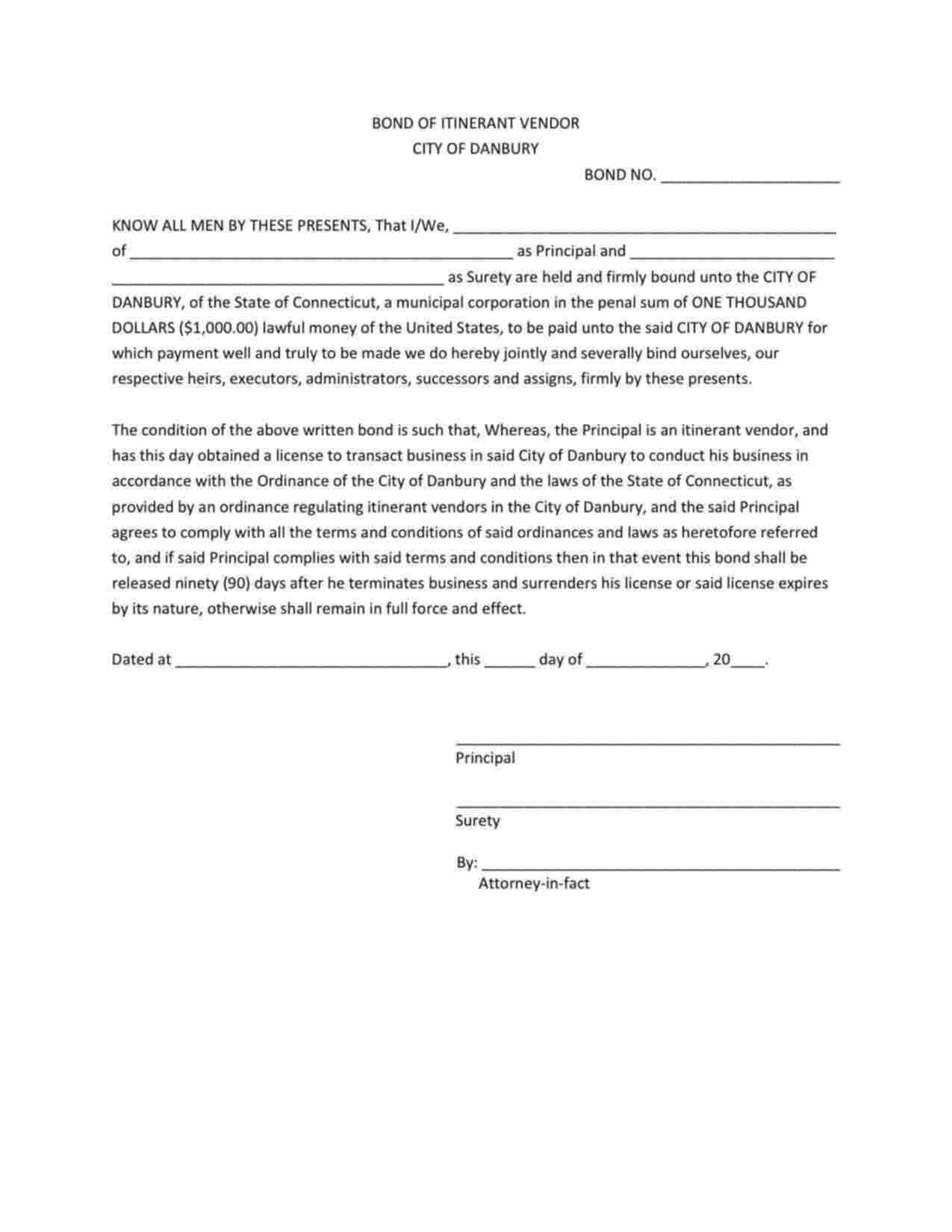 Connecticut Intinerant Vendor Bond Form