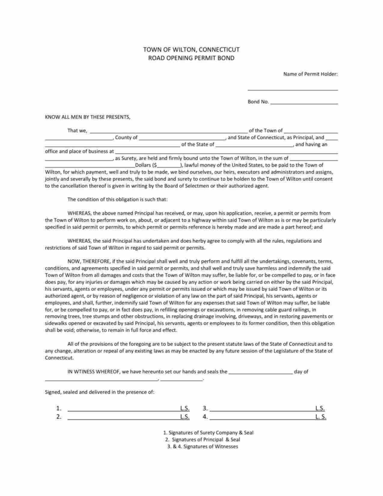 Connecticut Road Opening Permit Bond Form