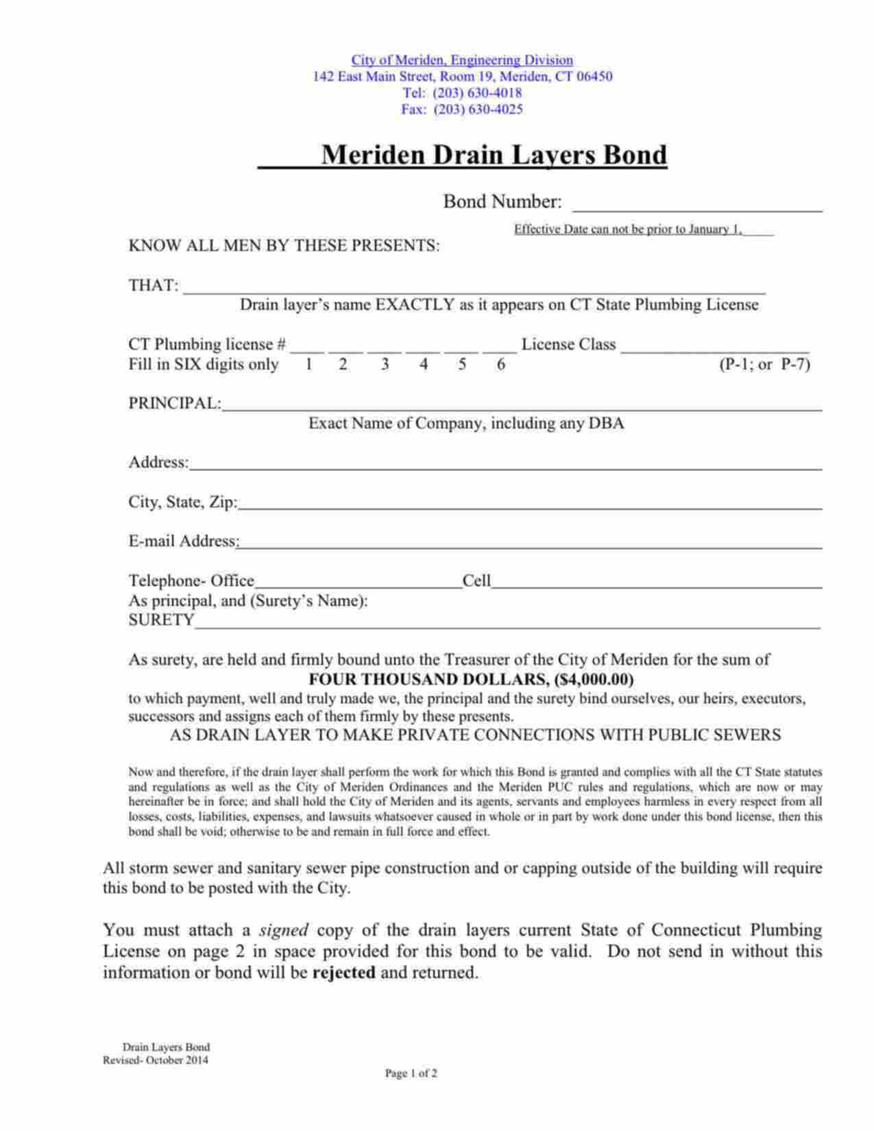 Connecticut Drain Layer - P-1 License Bond Form
