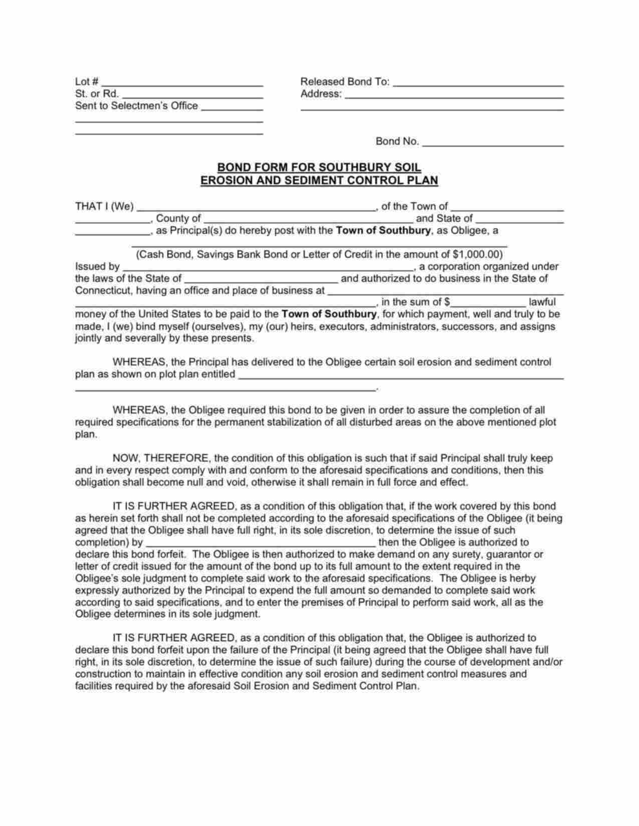 Connecticut Erosion and Sediment Control Plan Bond Form