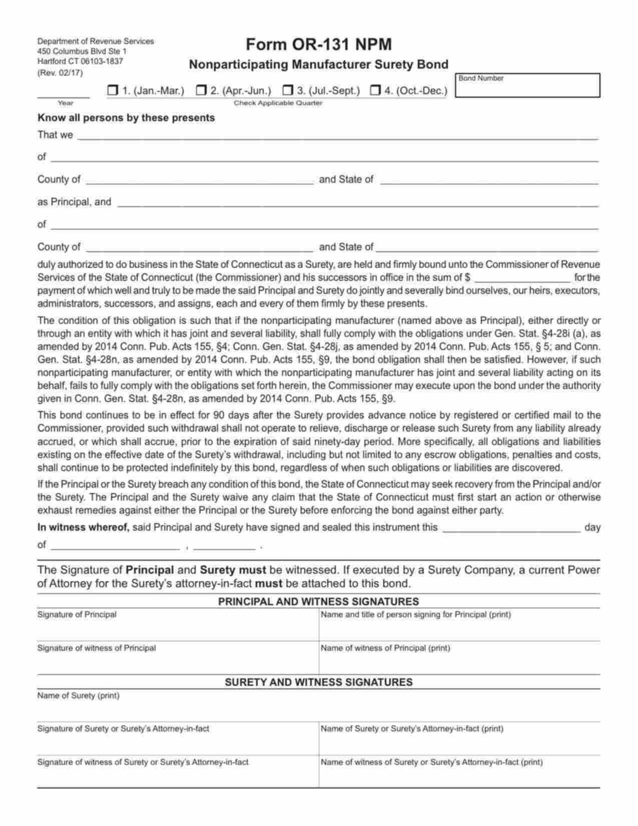 Connecticut Nonparticipating Manufacturer (OR-131 NPM) Bond Form