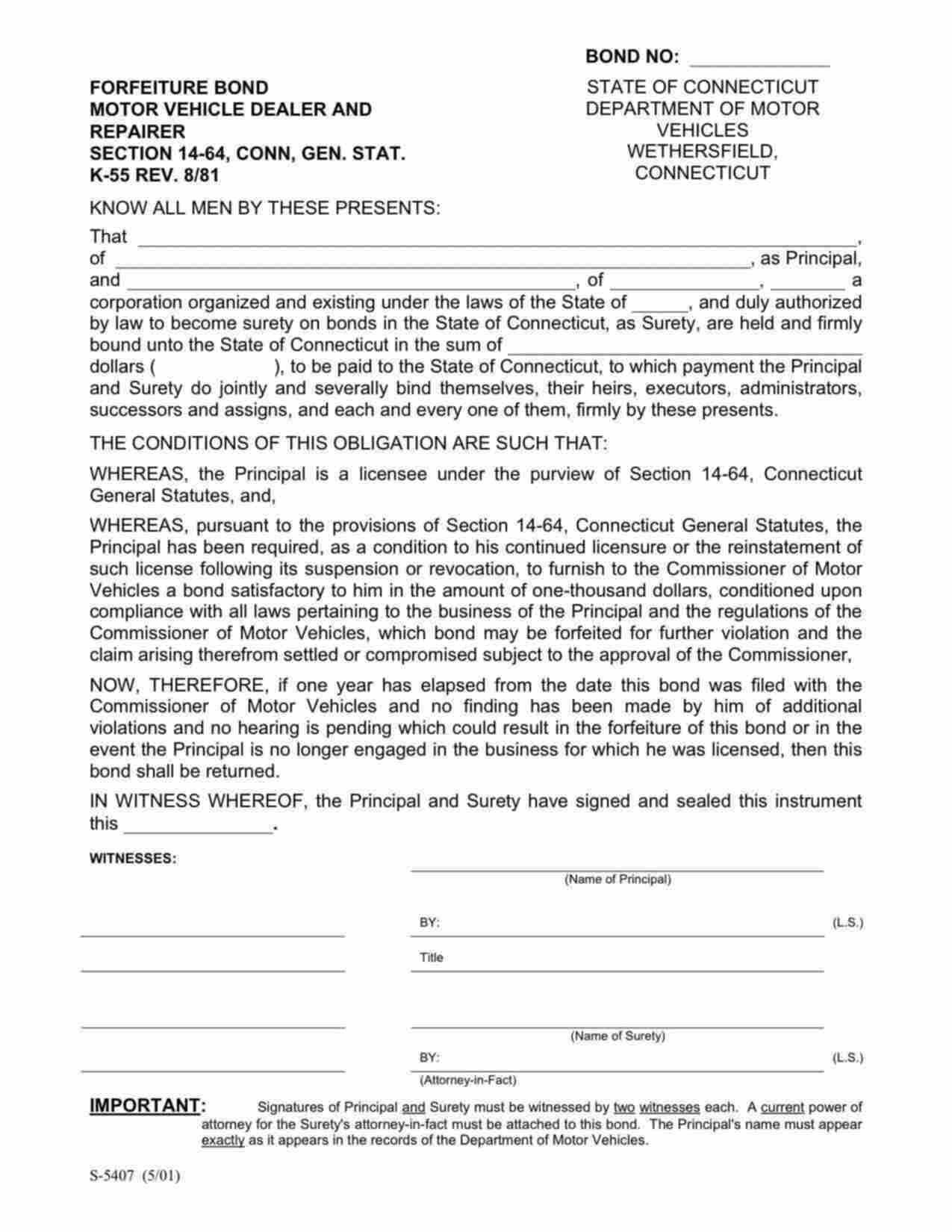 Connecticut Motor Vehicle Dealer Forfeiture Bond Form