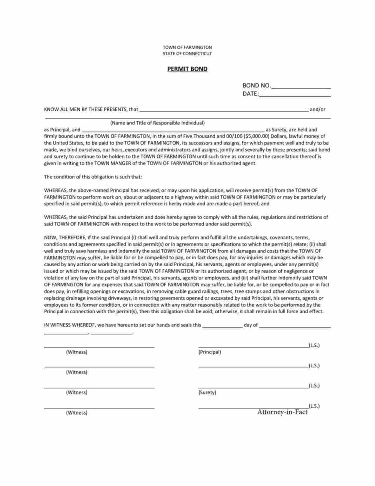 Connecticut Highway Right of Way Work Bond Form