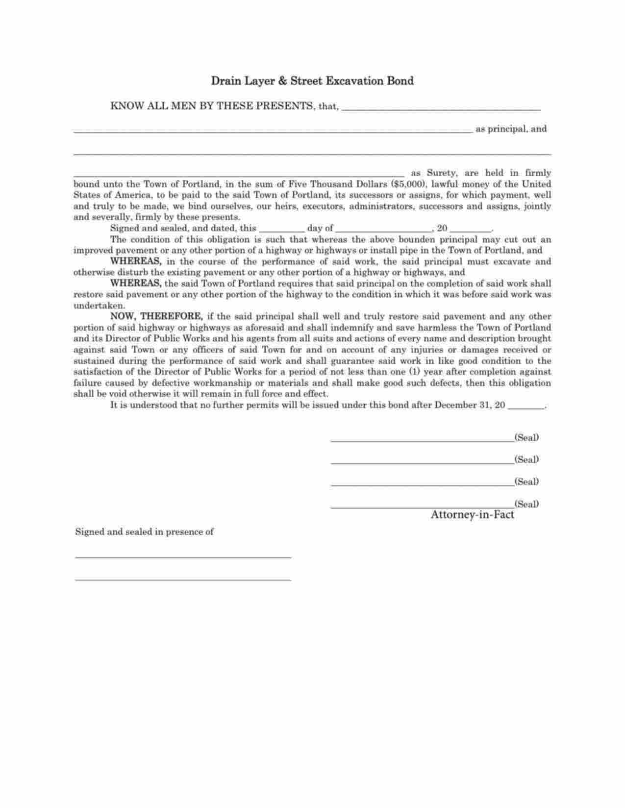 Connecticut Drain Layer & Street Excavation Bond Form