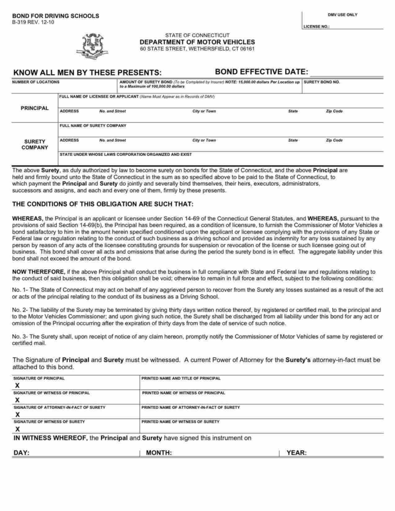 Connecticut Driver Training School Bond Form