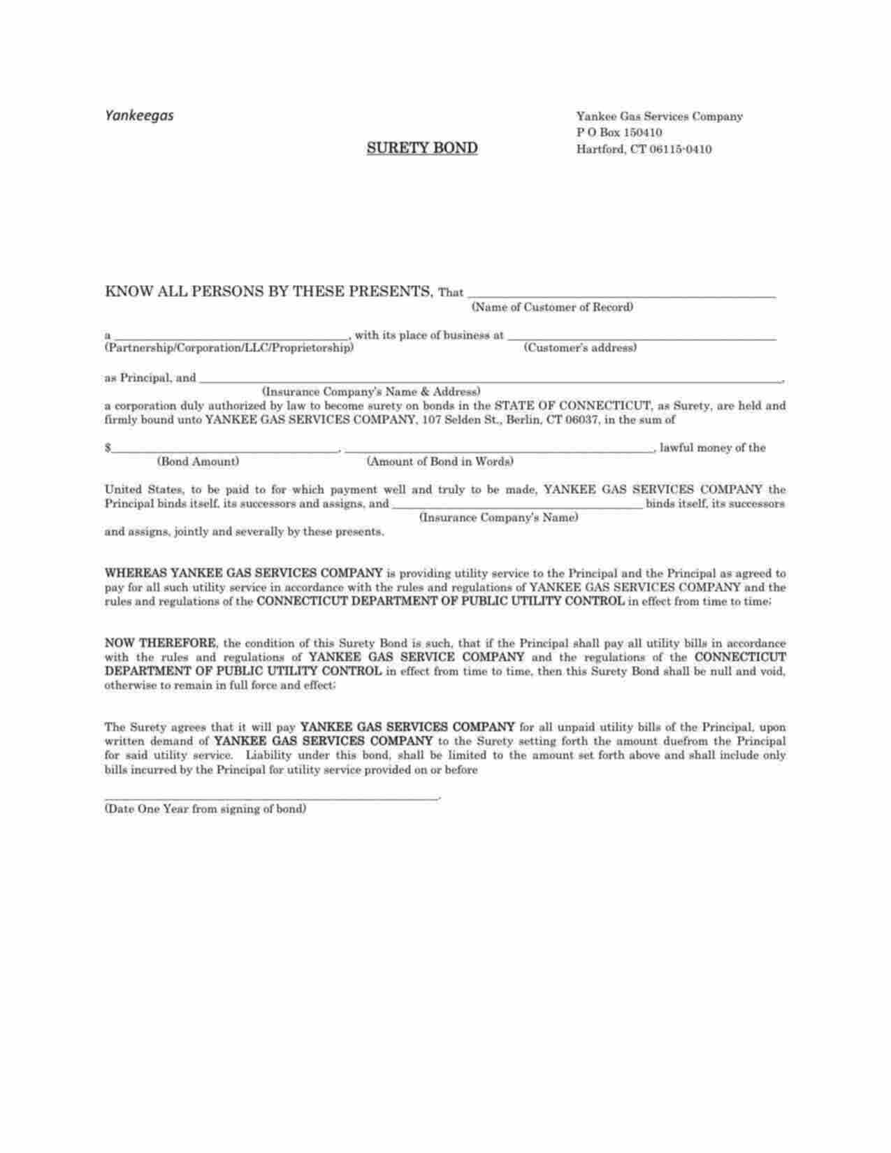 Connecticut Utility Deposit Bond Form