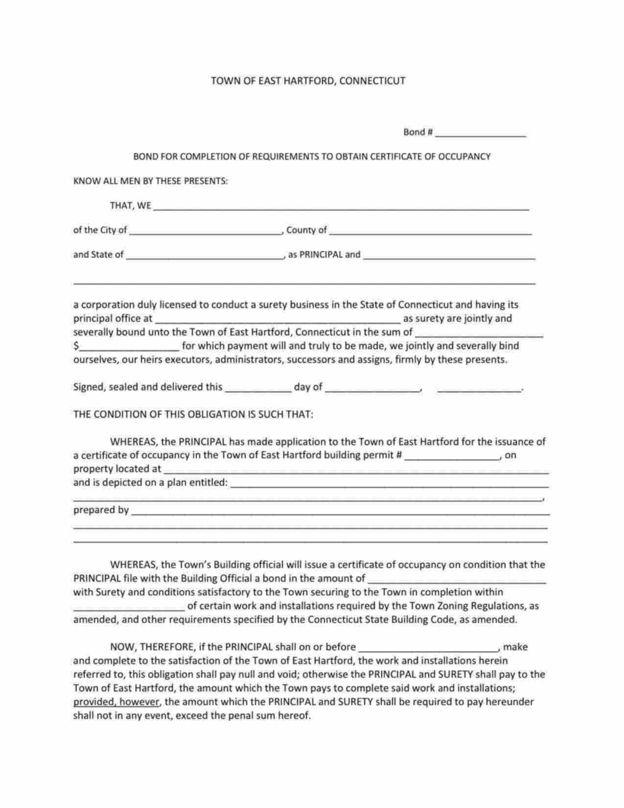 Connecticut Certificate of Occupancy Permit Bond Form