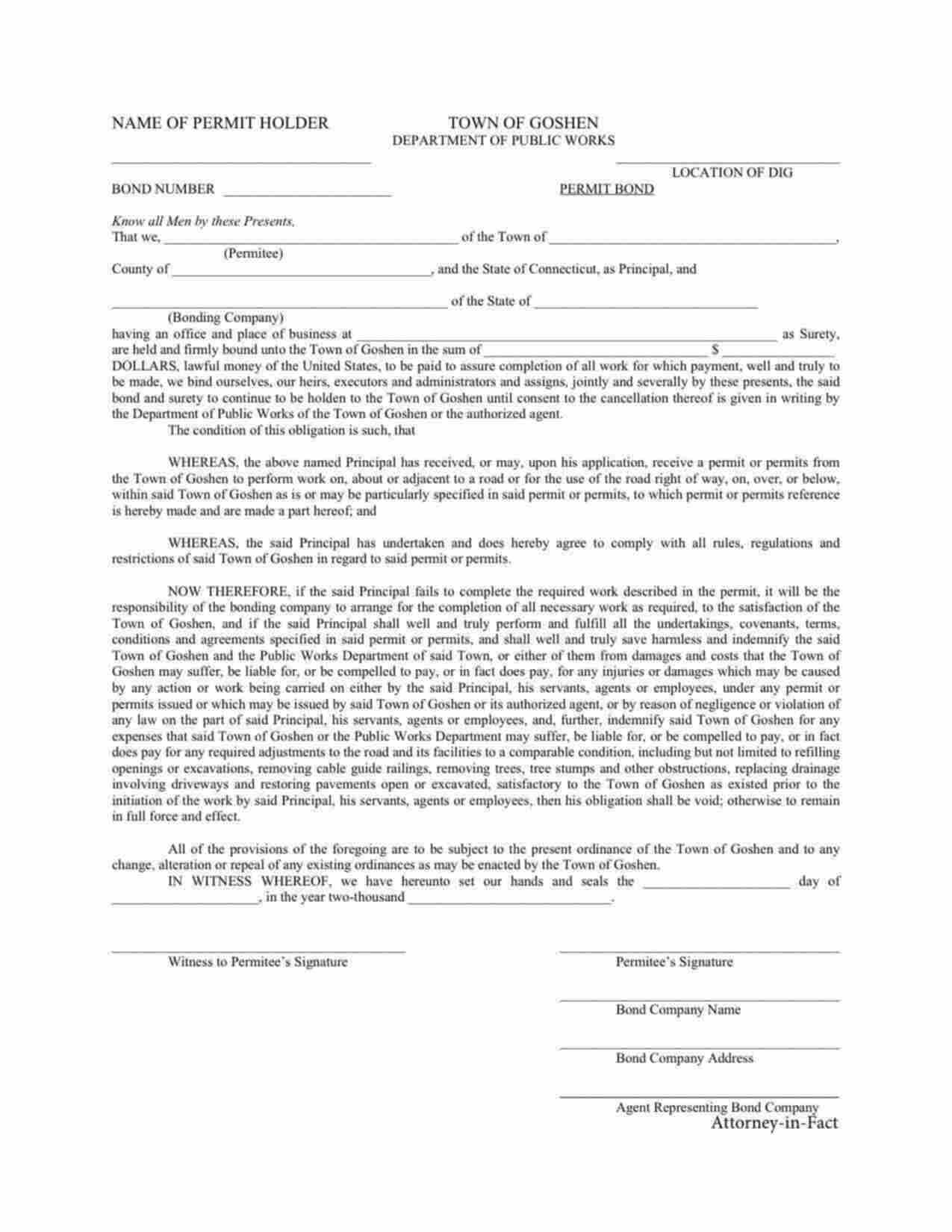 Connecticut Highway Right of Way Permit Bond Form