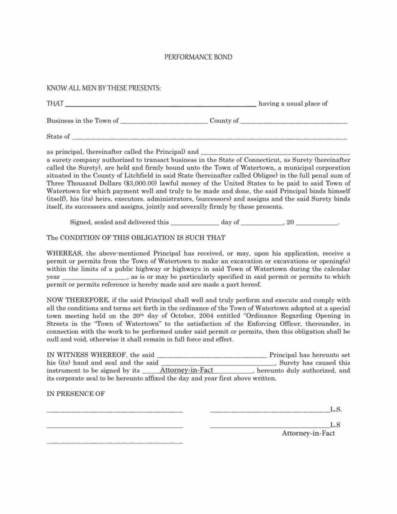 Connecticut Excavation Performance Bond Form