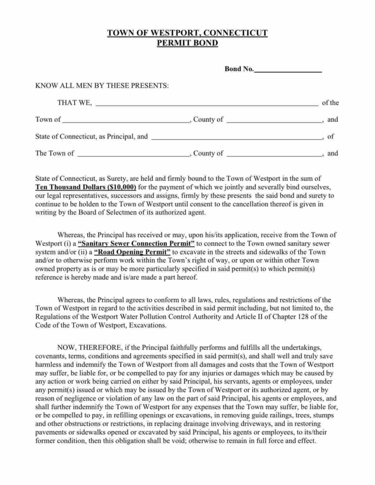 Connecticut Sanitary Sewer Connection and/or Road Opening Permit Bond Form