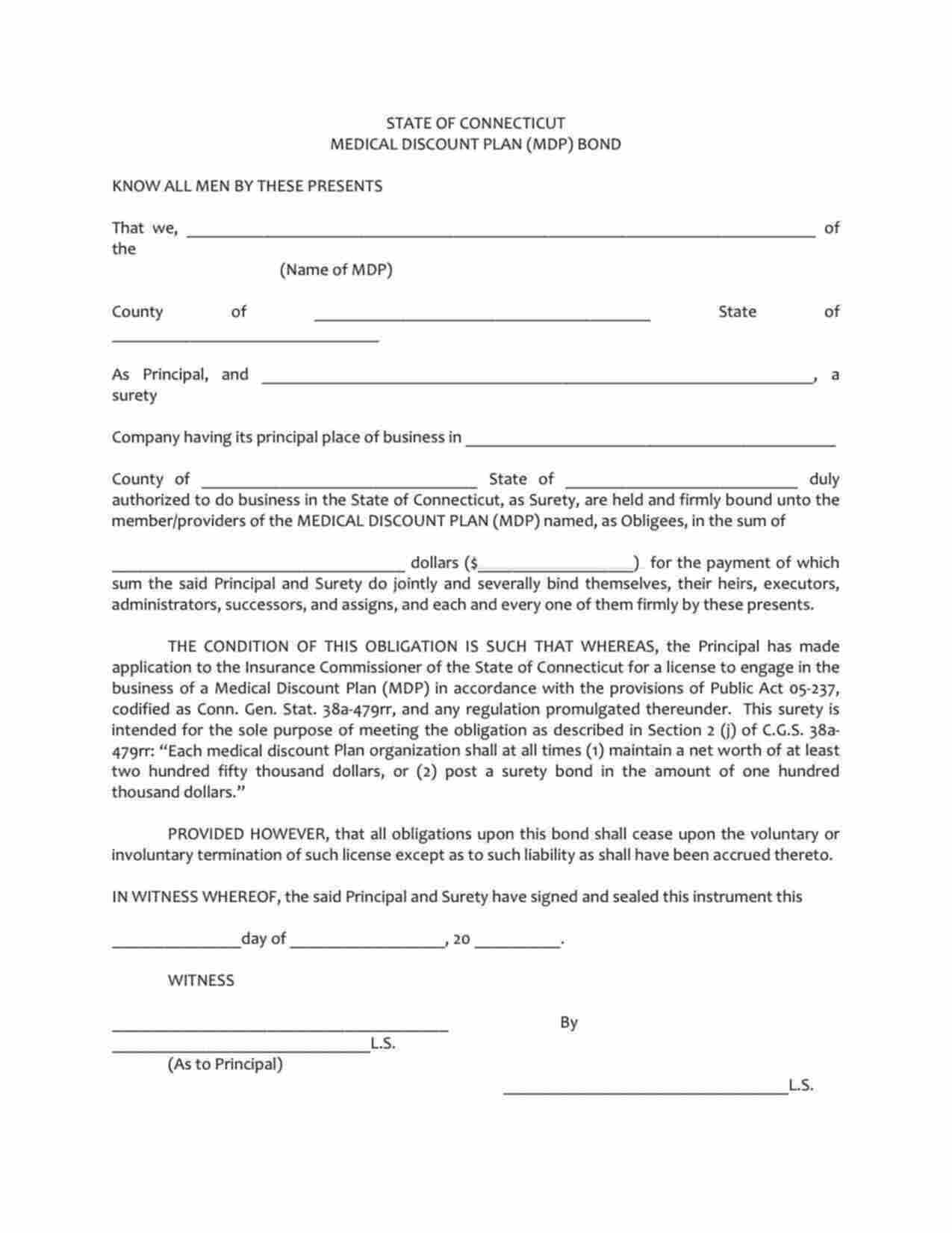 Connecticut Medical Discount Plan Bond Form