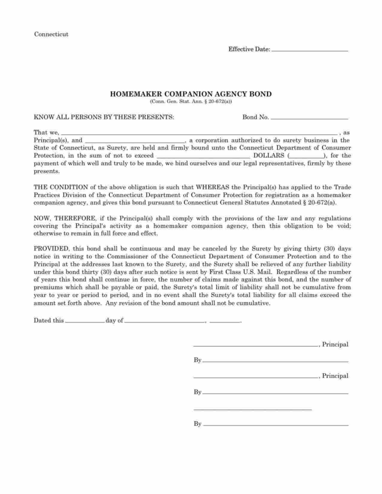 Connecticut Homemaker Companion Agency Bond Form