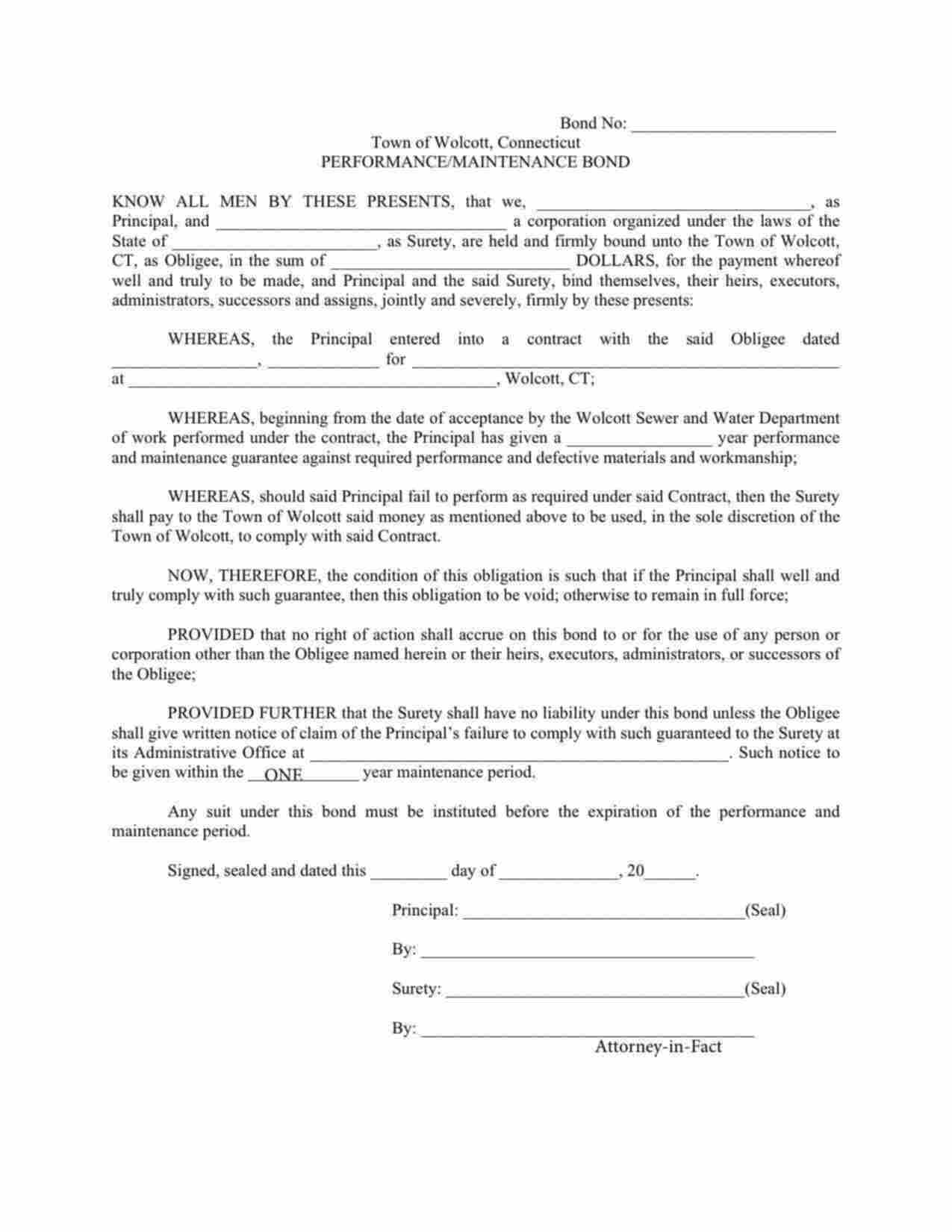 Connecticut Sewer Performance/Maintenance Bond Form