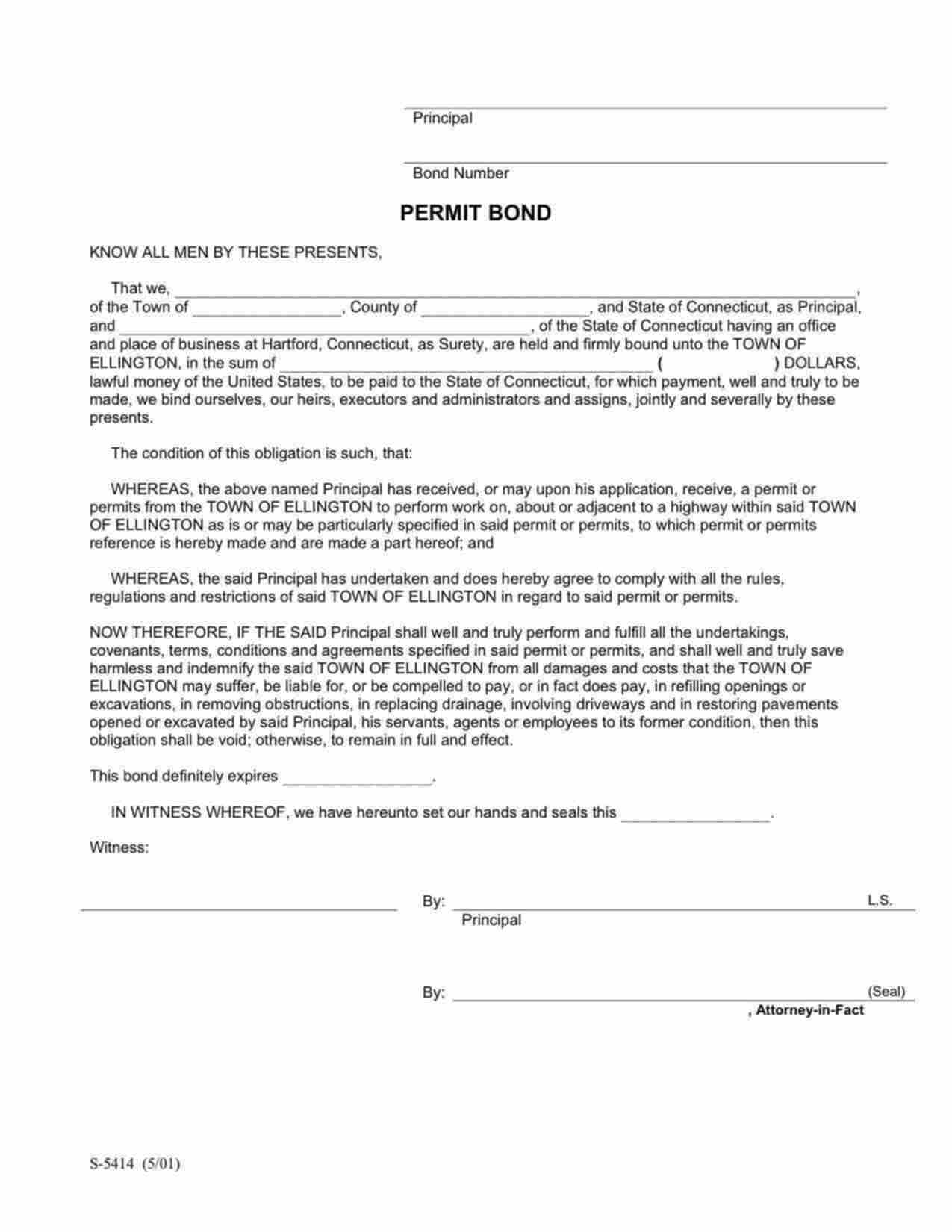 Connecticut Highway Right of Way Permit Bond Form