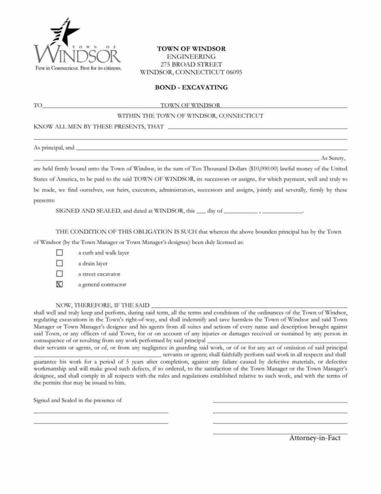 Connecticut Excavating - General Contractor Bond Form