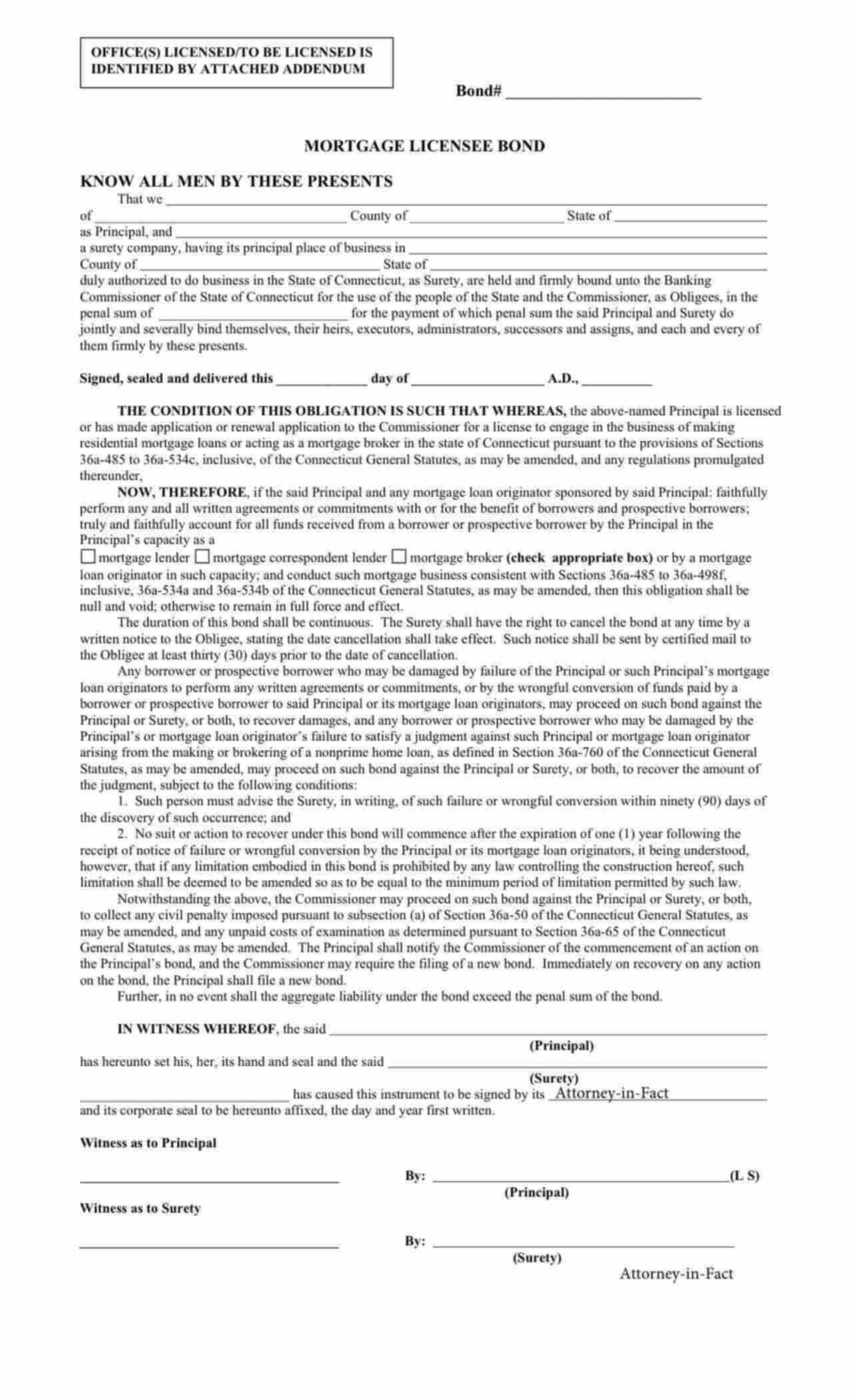 Connecticut Mortgage Correspondent Lender Bond Form