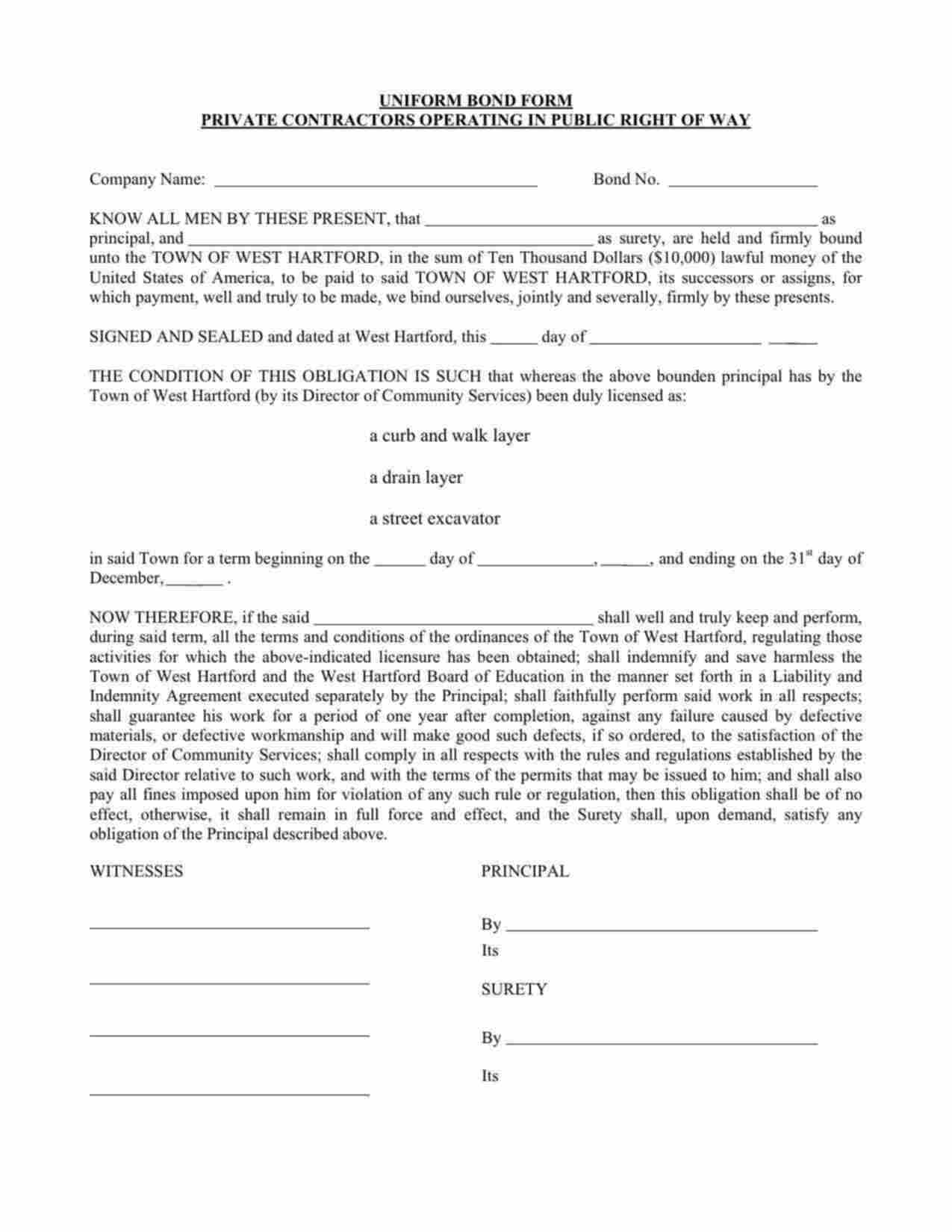 Connecticut Street Excavator Bond Form