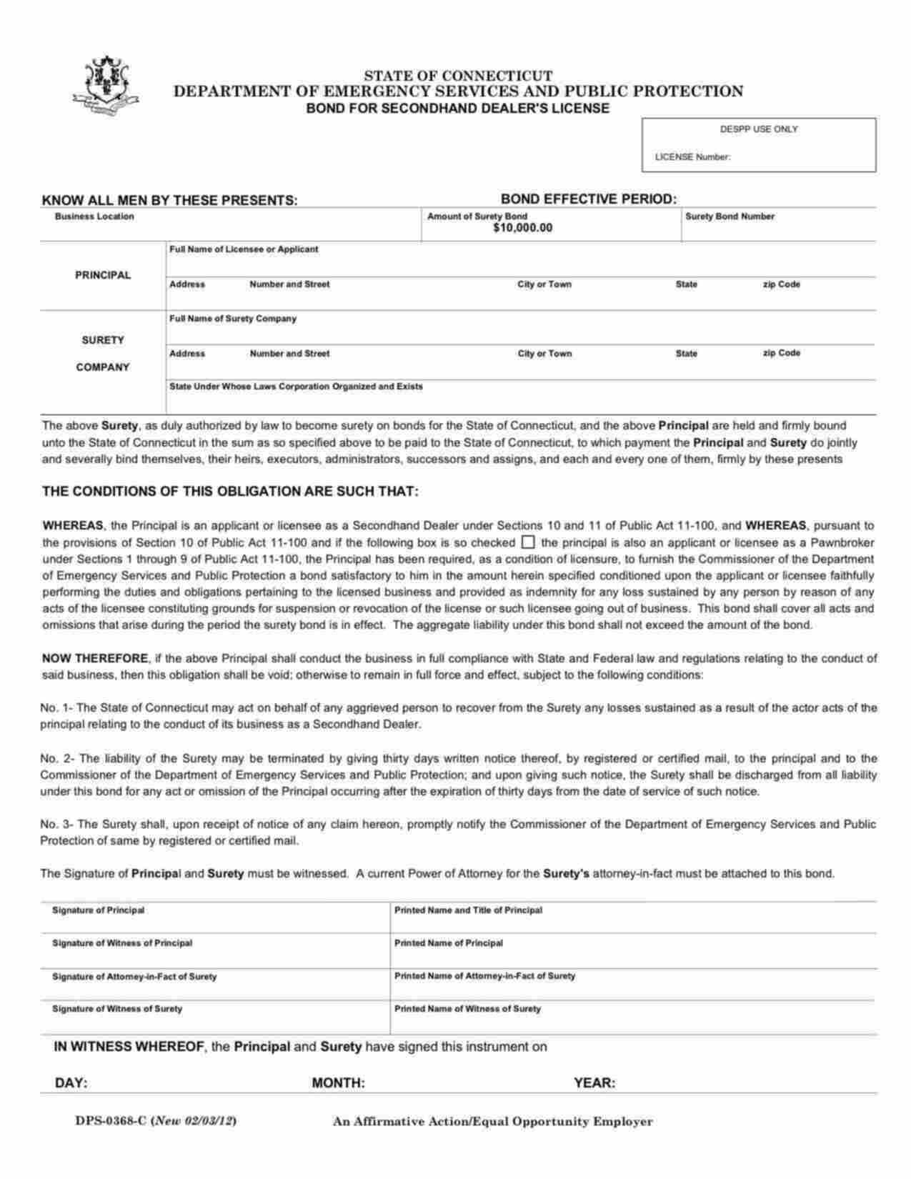 Connecticut Secondhand Dealer's License Bond Form