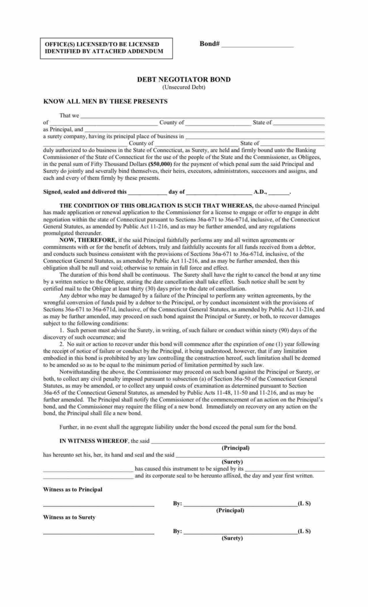 Connecticut Debt Negotiator (Unsecured Debt) Bond Form