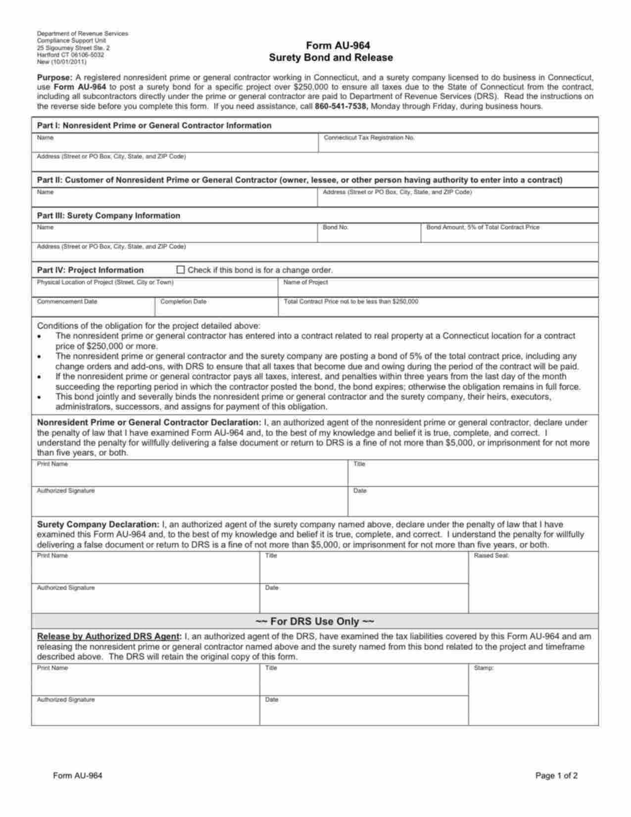 Connecticut Nonresident Contractor (Single Job AU-964) Bond Form