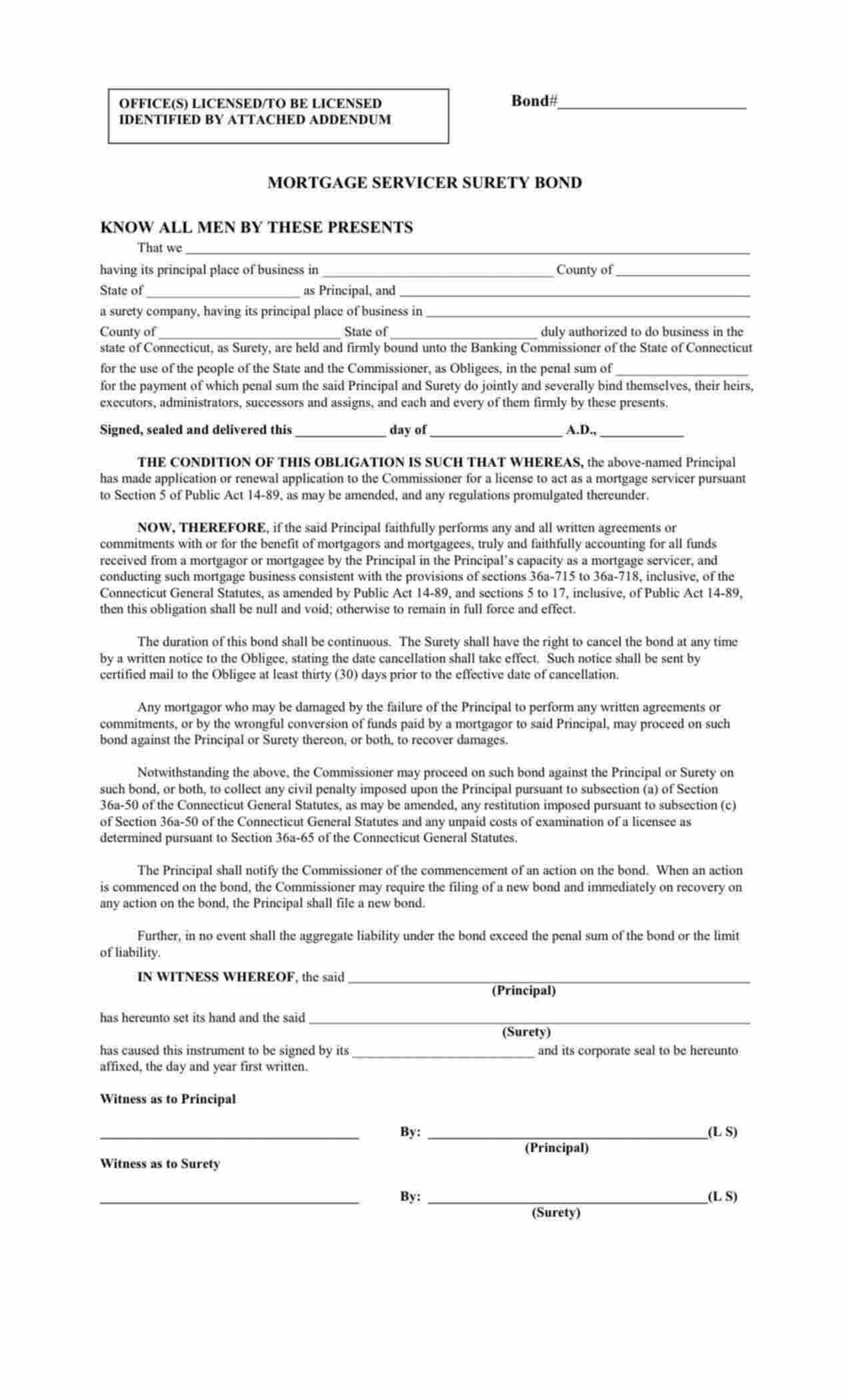 Connecticut Mortgage Servicer Bond Form