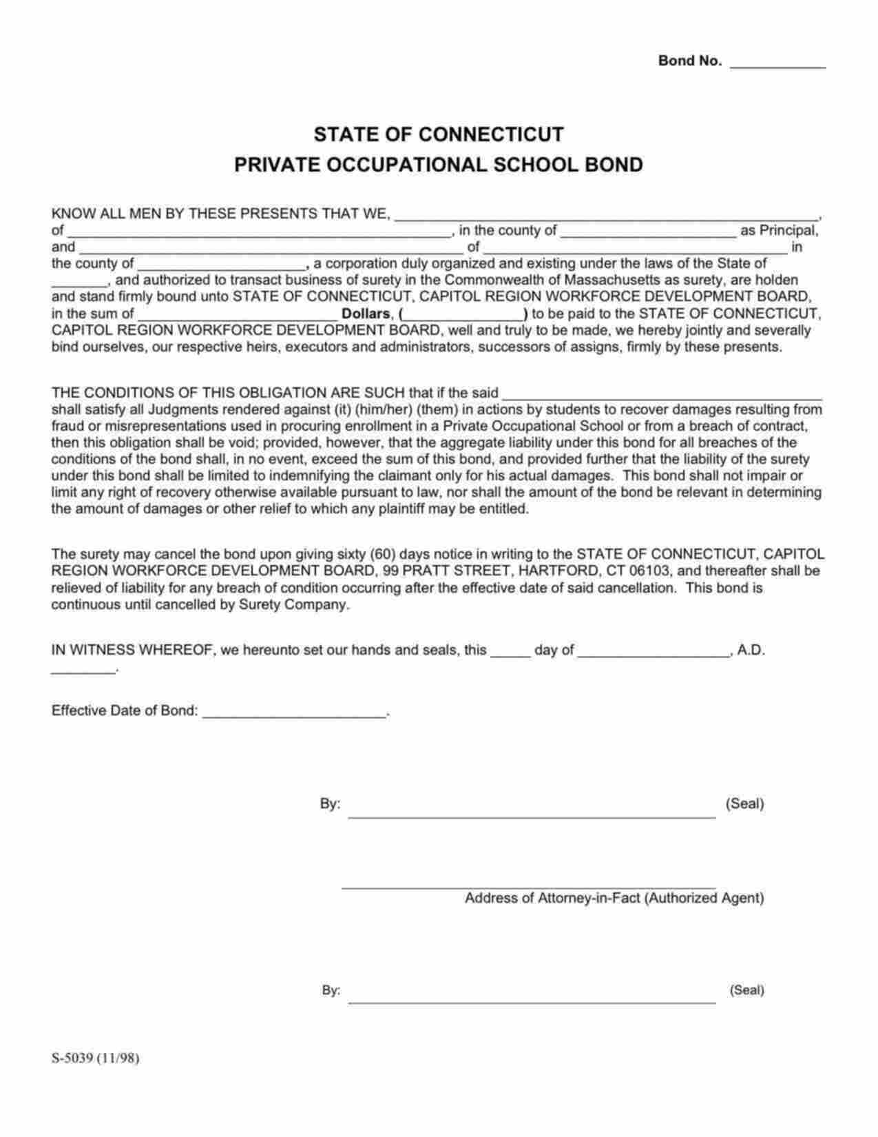 Connecticut Private Occupational School Bond Form