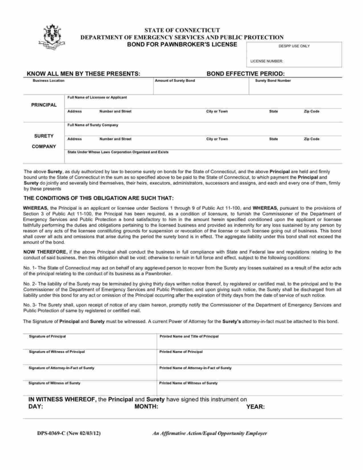 Connecticut Pawnbroker's License Bond Form